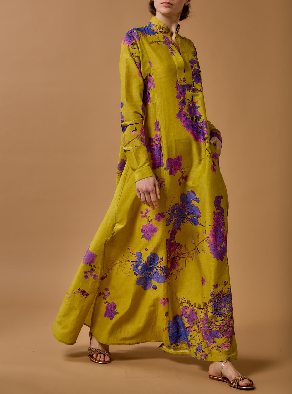 Side view of Parvati Chartreuse Purple long Kaftan by Thierry Colson