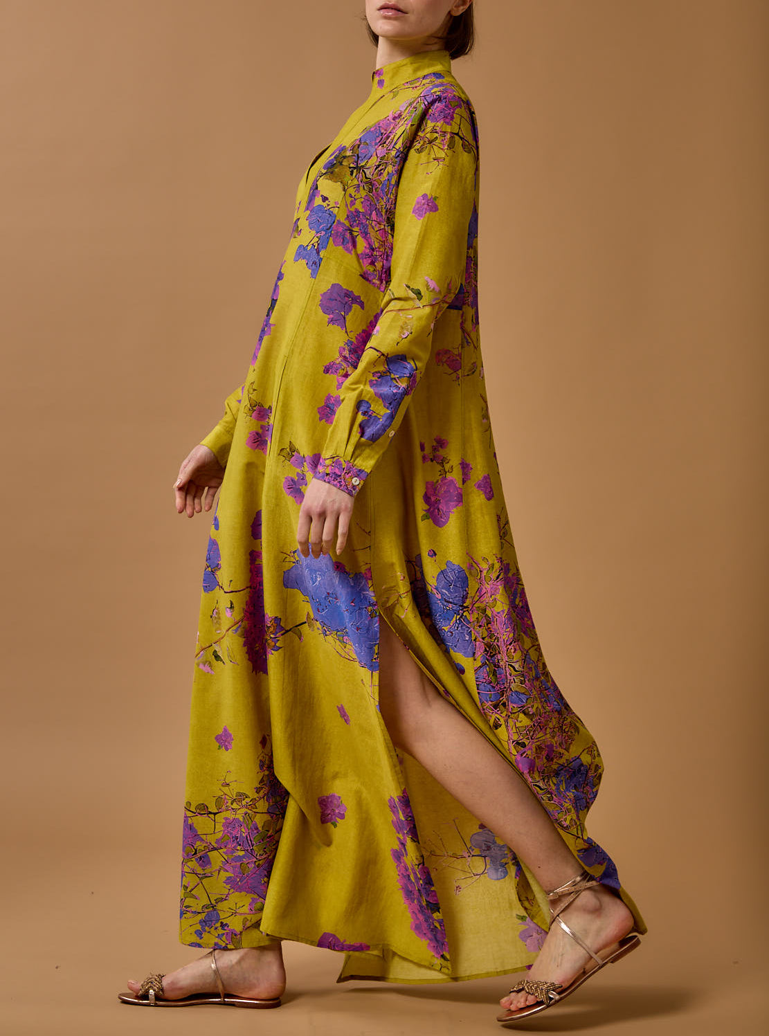 Other side view of Parvati Chartreuse Purple long Kaftan by Thierry Colson