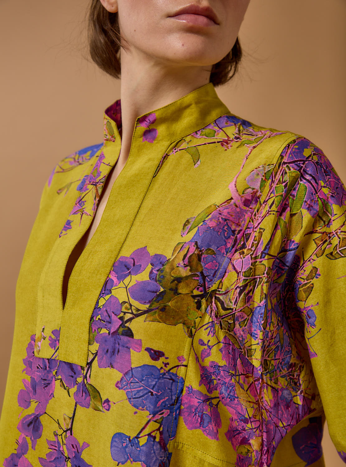 Close up view of Parvati Chartreuse Purple long Kaftan by Thierry Colson