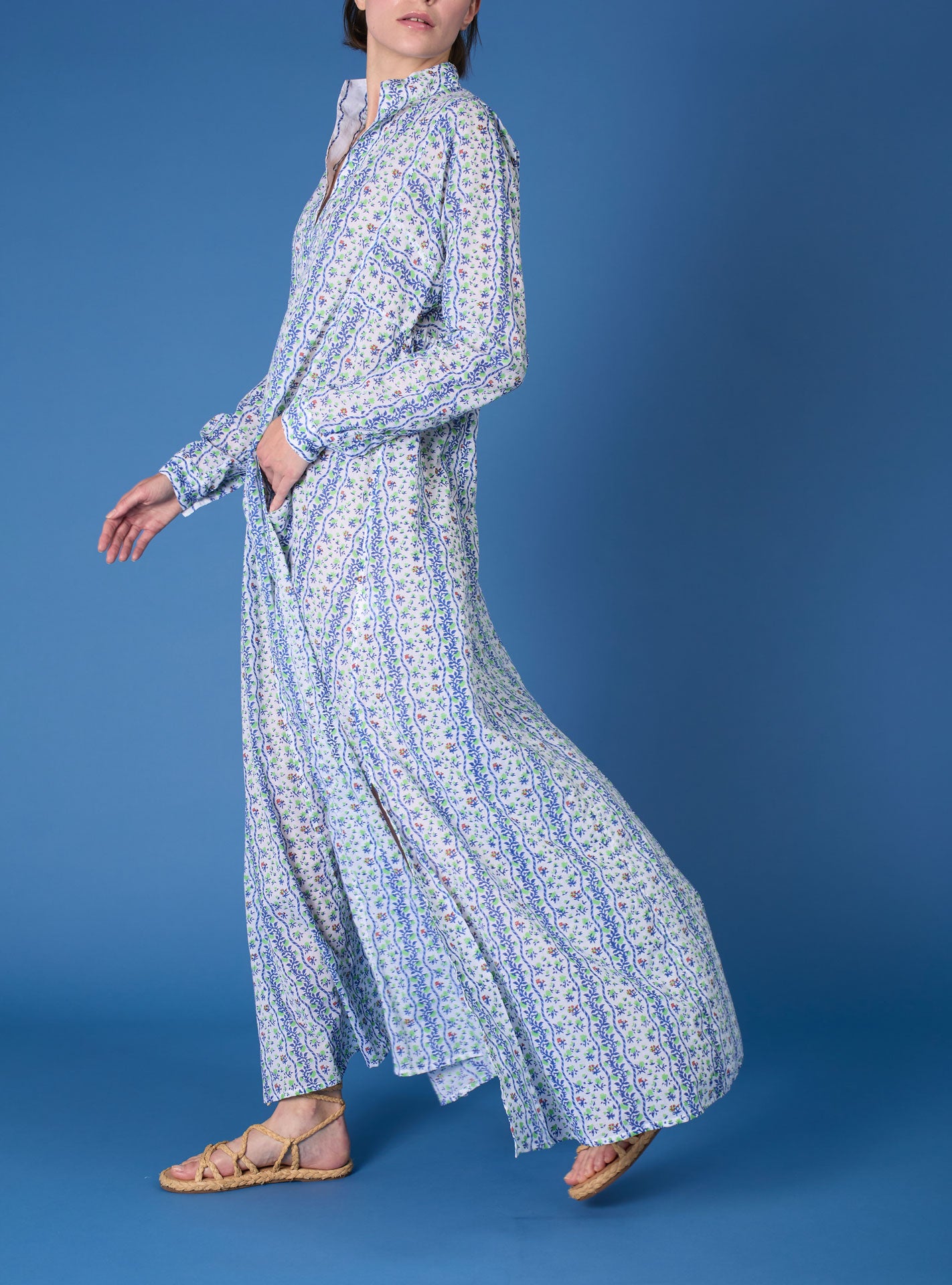 Side view of Parvati  Liselund Print Green / Cobalt Kaftan Long by Thierry Colson