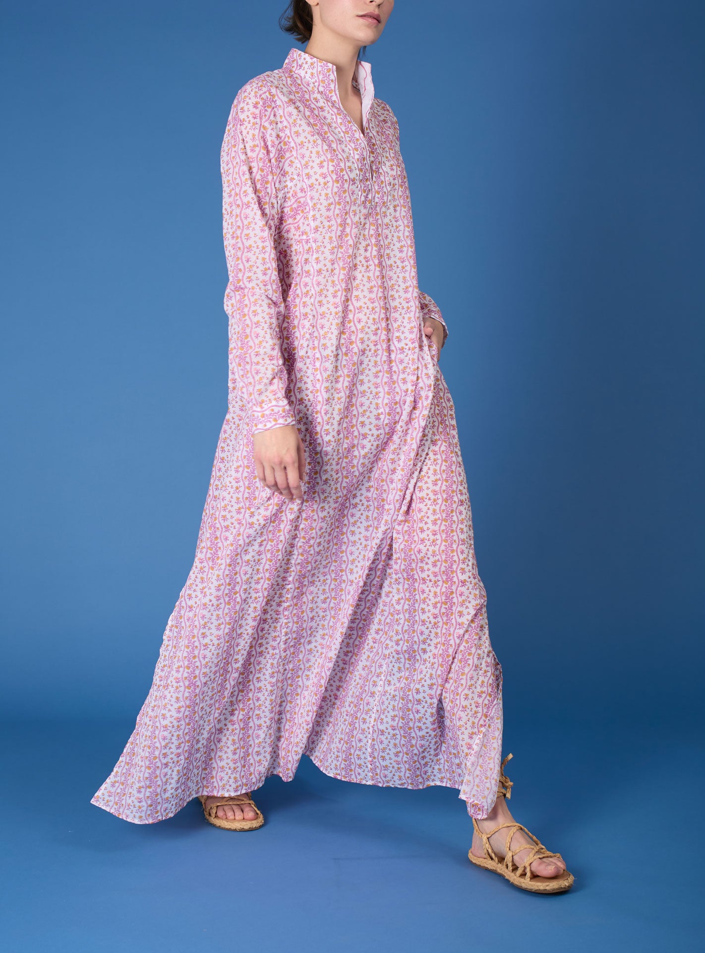 Front view of Parvati Cyclamen Mustard long Kaftan by Thierry Colson