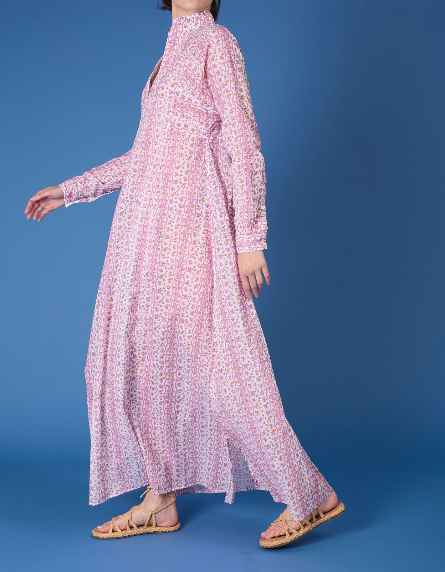 Side view of Parvati Cyclamen Mustard long Kaftan by Thierry Colson