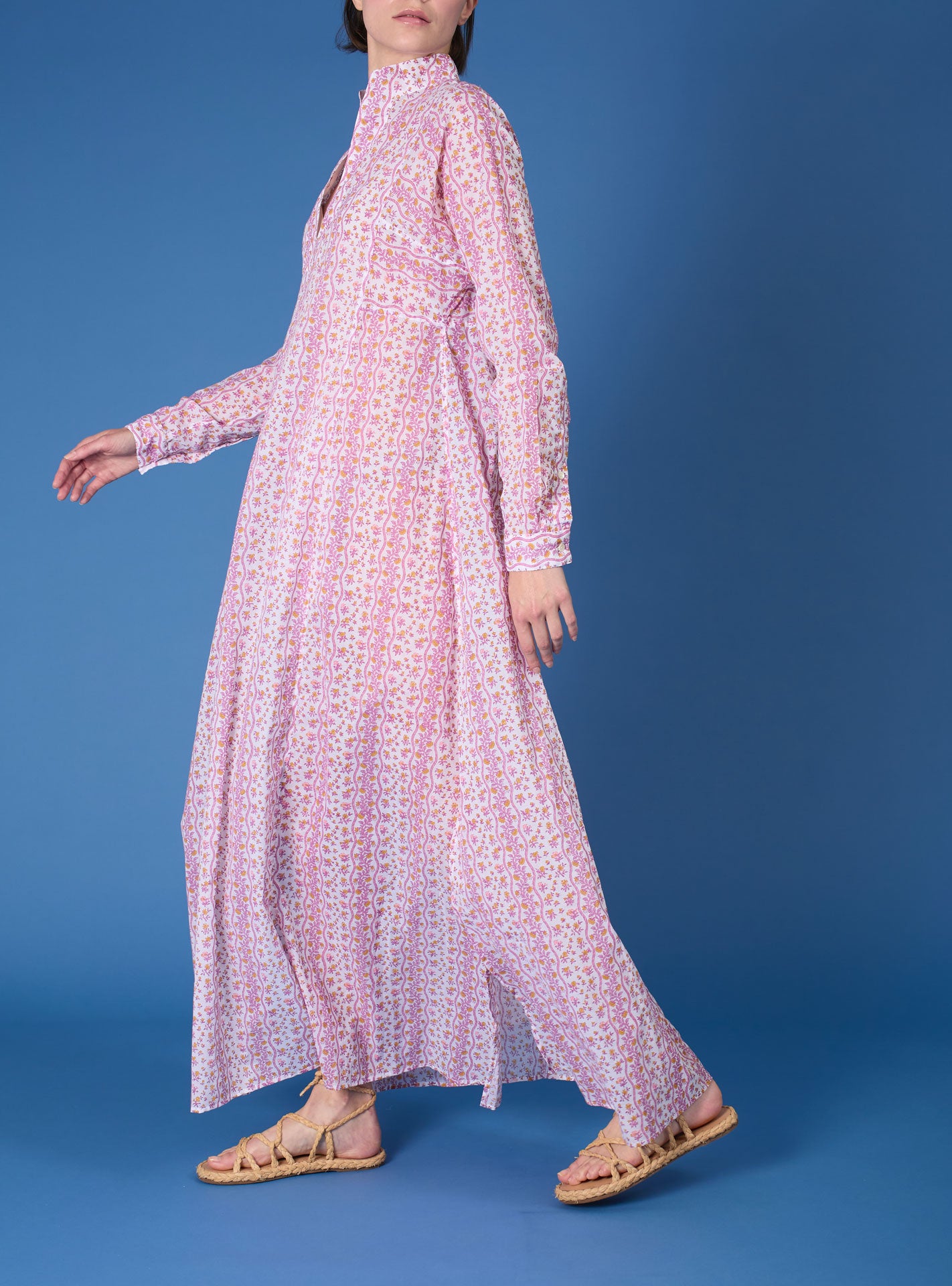 Side view of Parvati Cyclamen Mustard long Kaftan by Thierry Colson