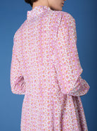 Close up back view of Parvati Cyclamen Mustard long Kaftan by Thierry Colson