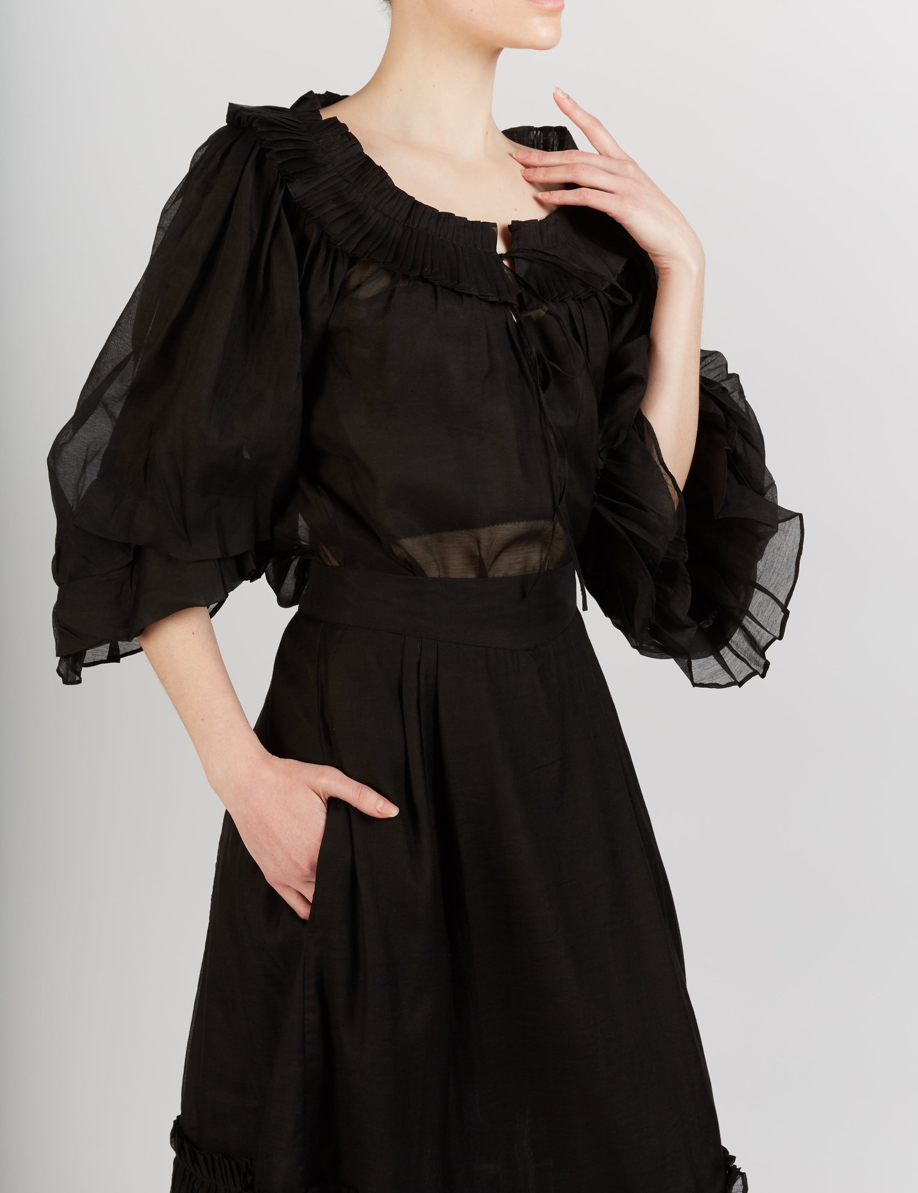 Front view of Roussia Black Blouse by Thierry Colson 