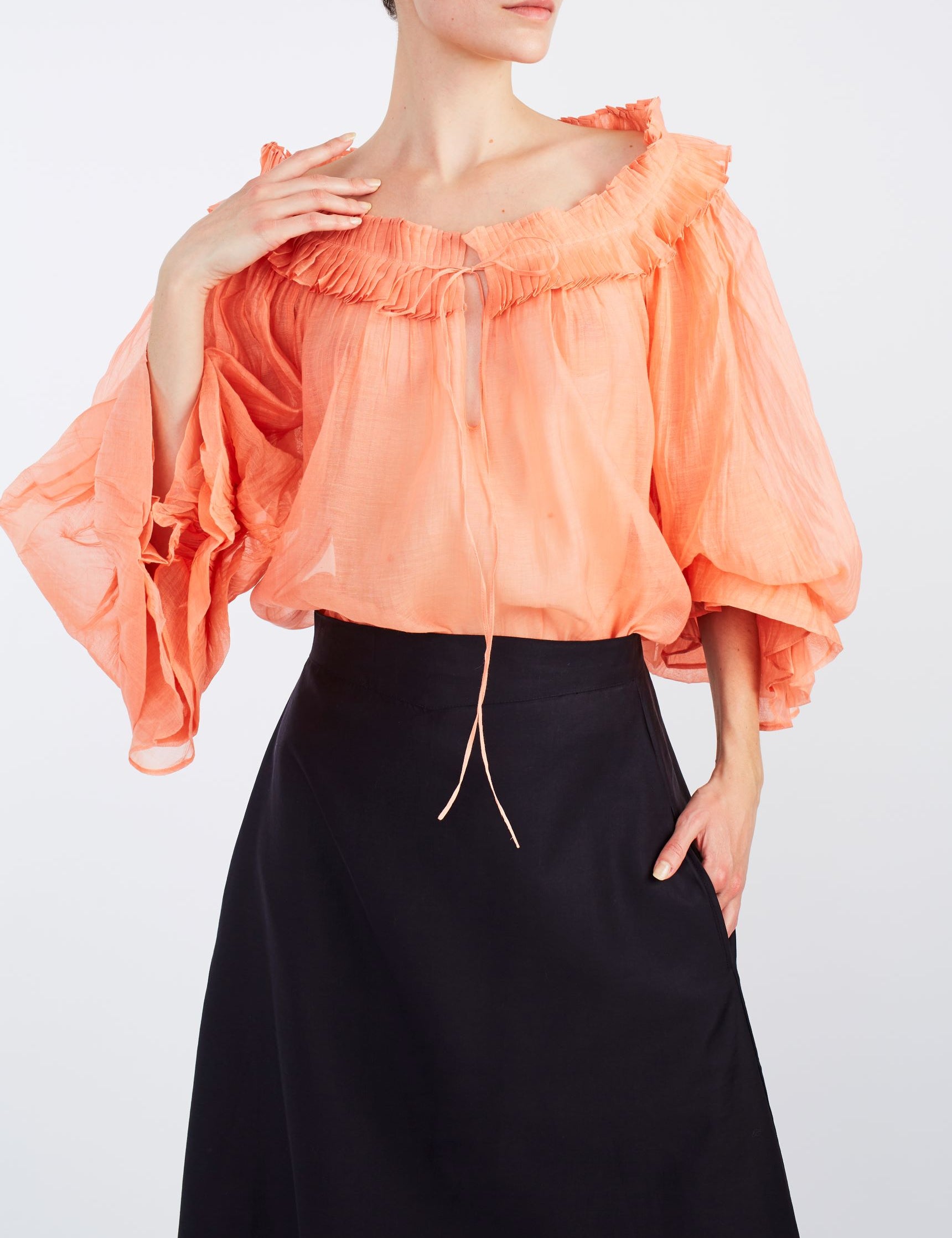 Front view of Roussia coral Blouse by Thierry Colson 