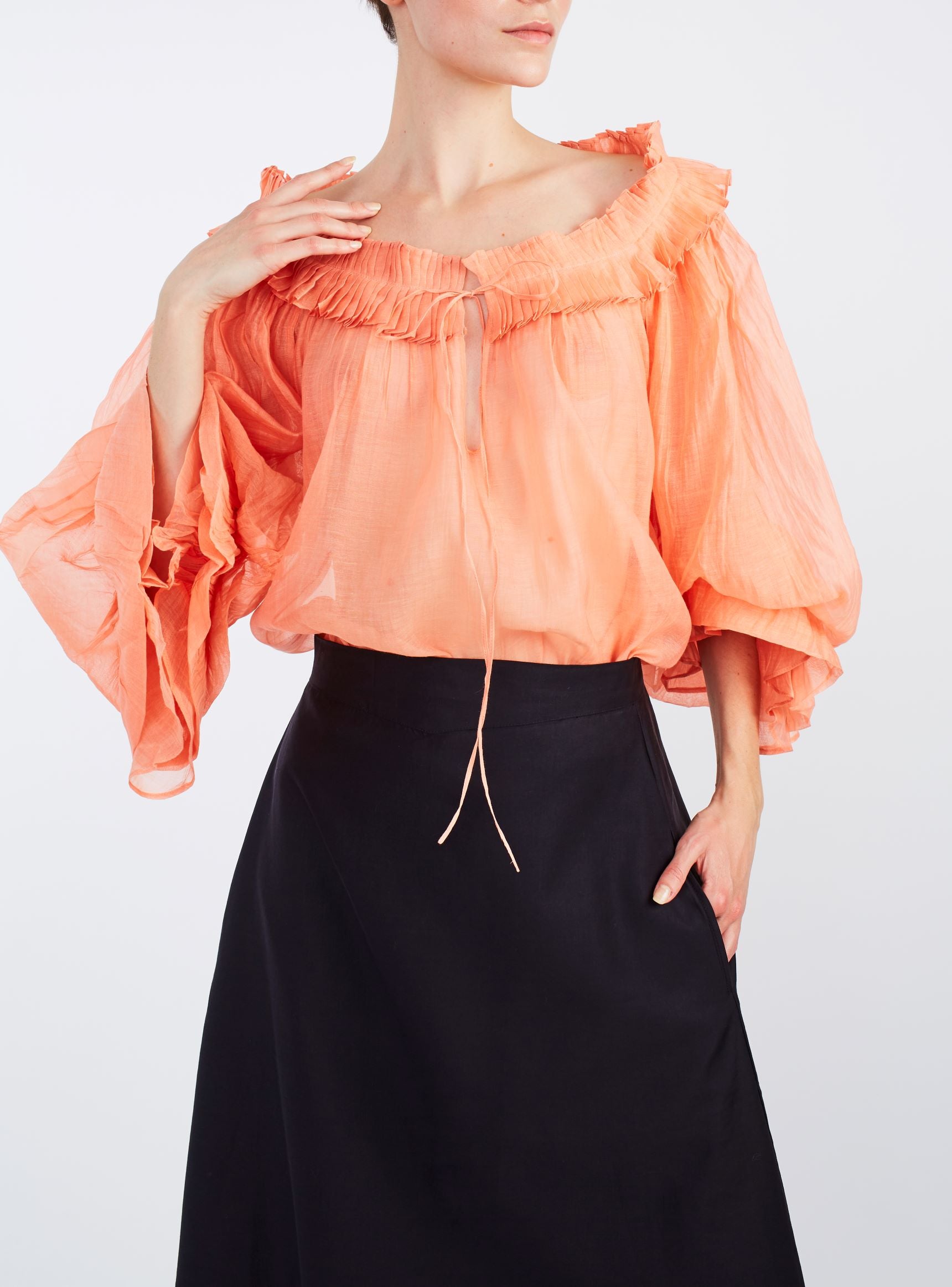 Front view of Roussia coral Blouse by Thierry Colson 
