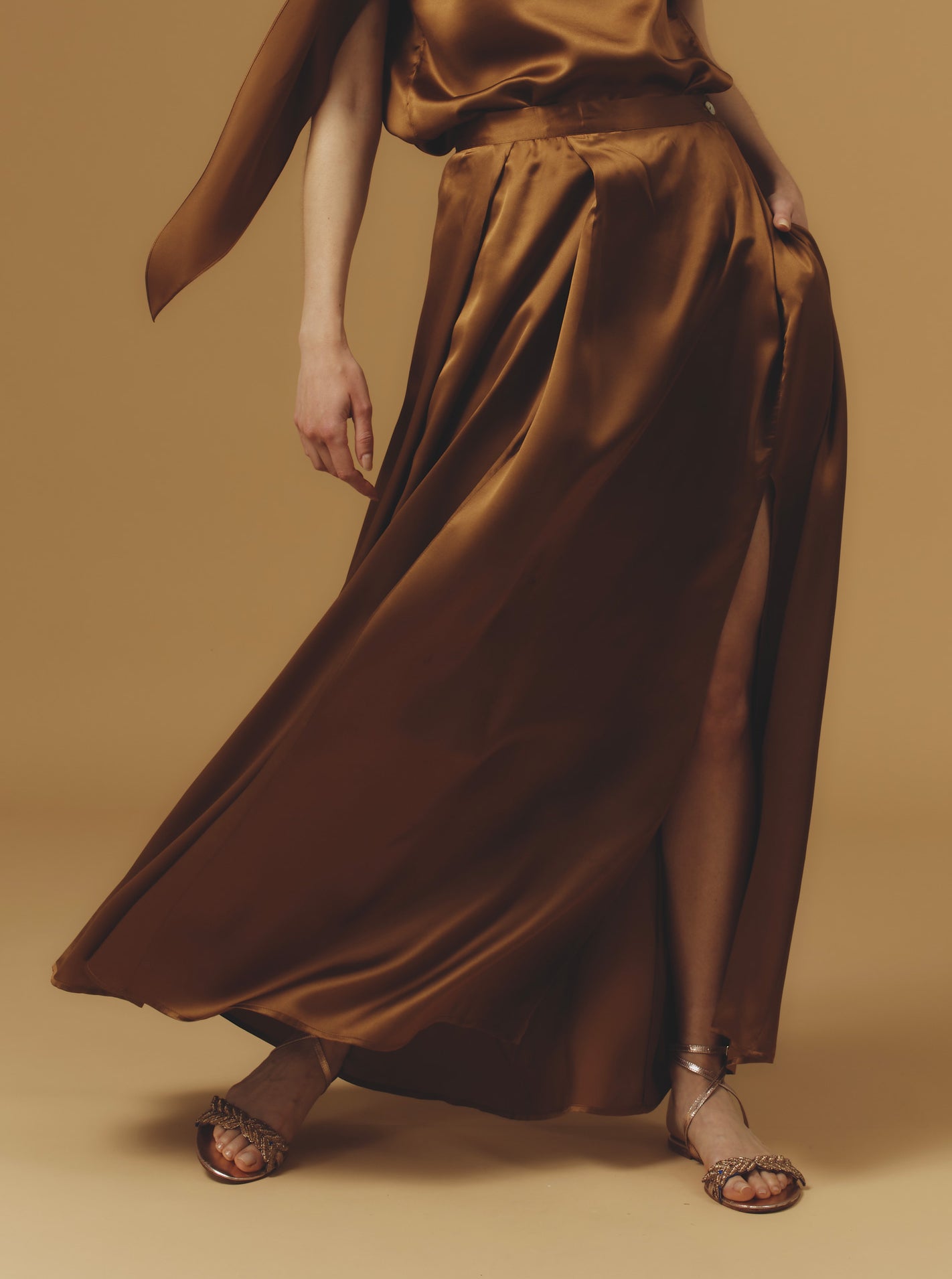 Front view of Silvana Silk Copper Skirt long by Thierry Colson