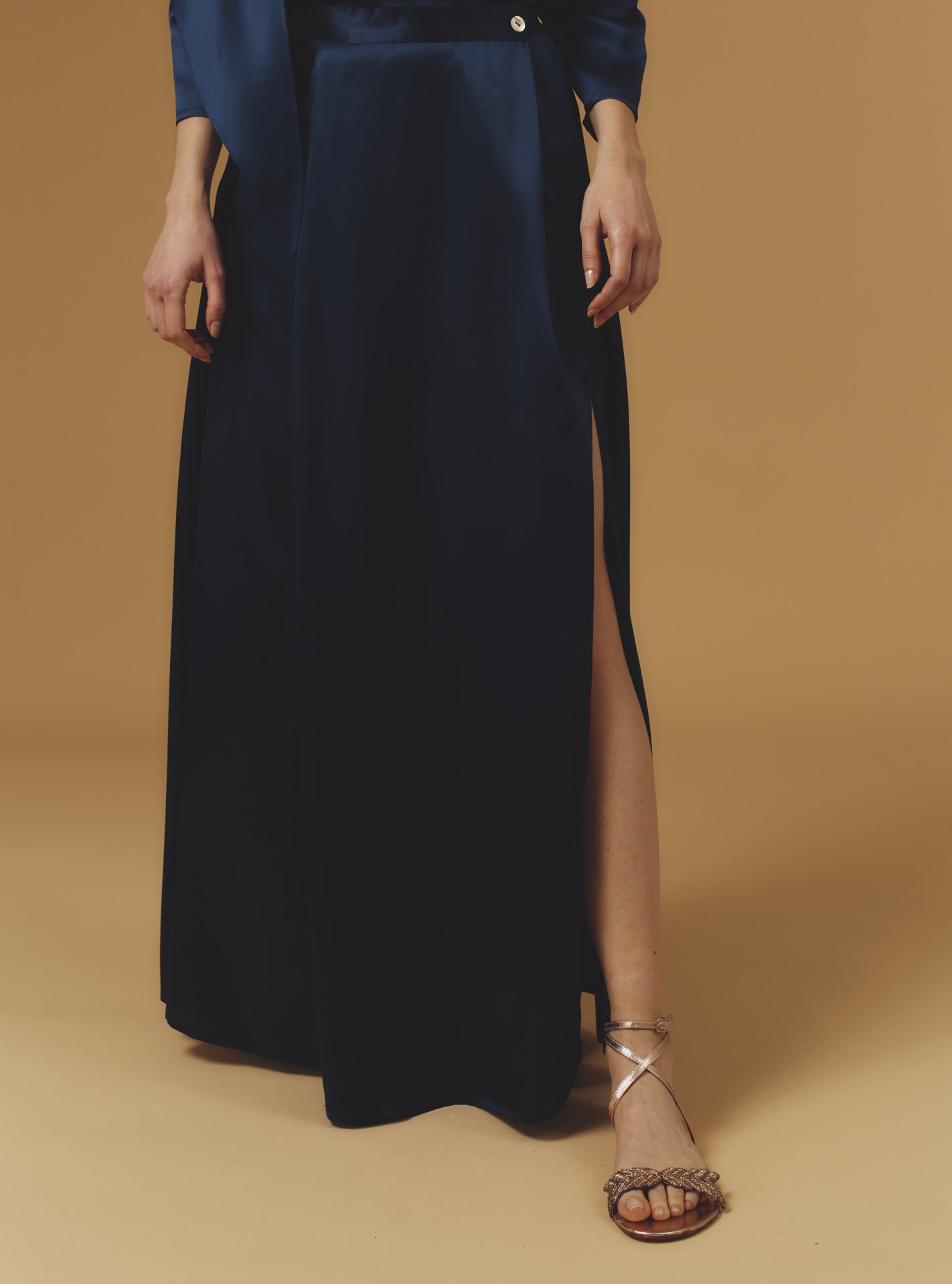 Front view of Silvana Silk Night Blue Skirt long by Thierry Colson
