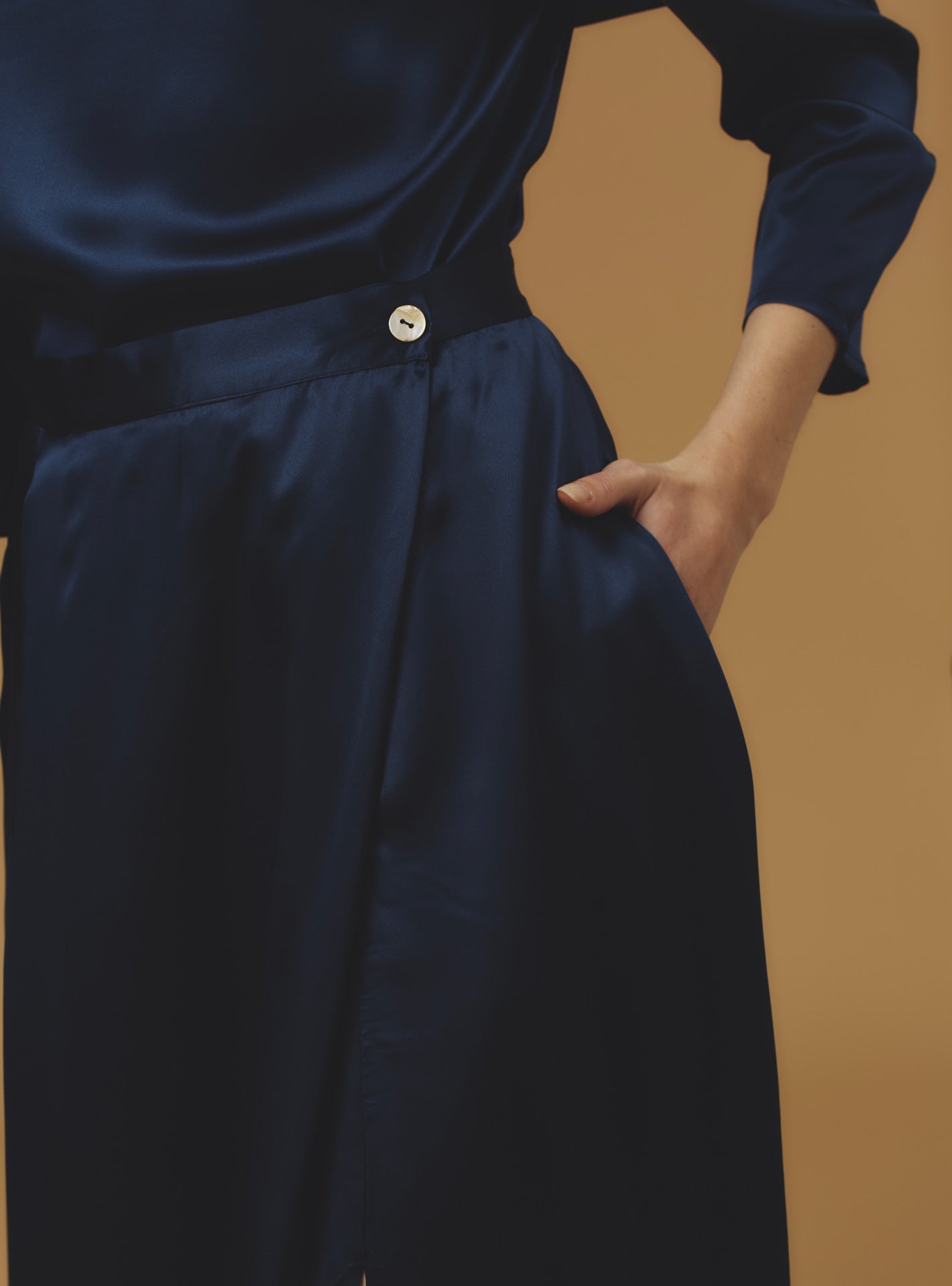 detail of Silvana Silk Night Blue Skirt long by Thierry Colson