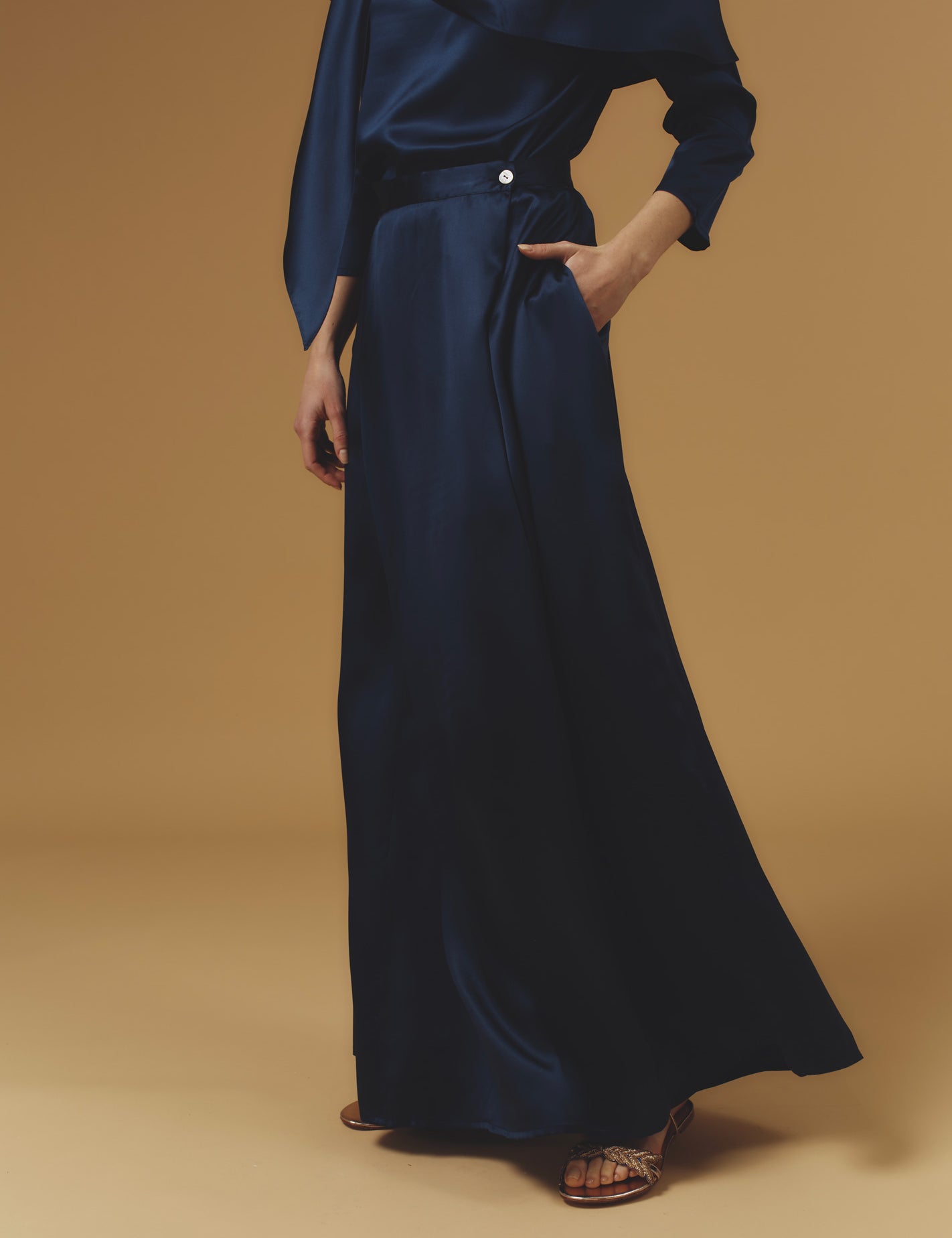 Side view of Silvana Silk Night Blue Skirt long by Thierry Colson