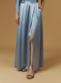Detail of Silvana Silk Silver blue Skirt long by Thierry Coslon