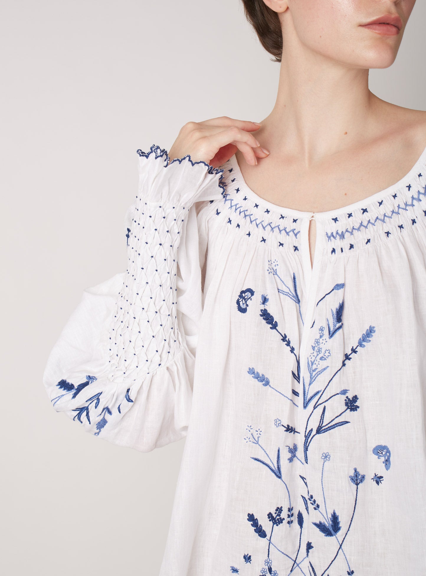 Valeska Blouse - Wild Floral Embroidery - White & Blue – Thierry