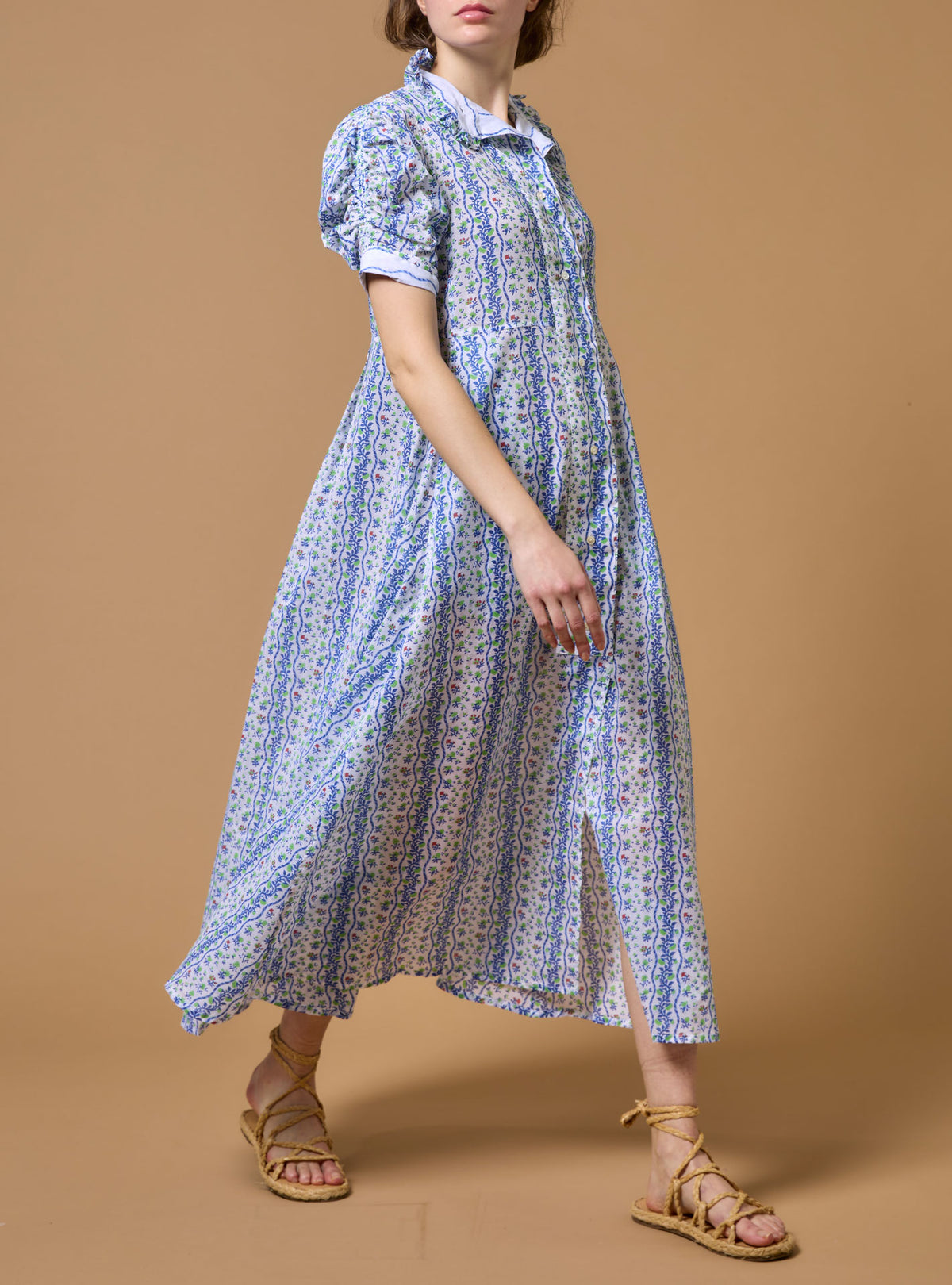 Side view of Venetia Liselund Print Green/Cobalt Dress by Thierry Colson