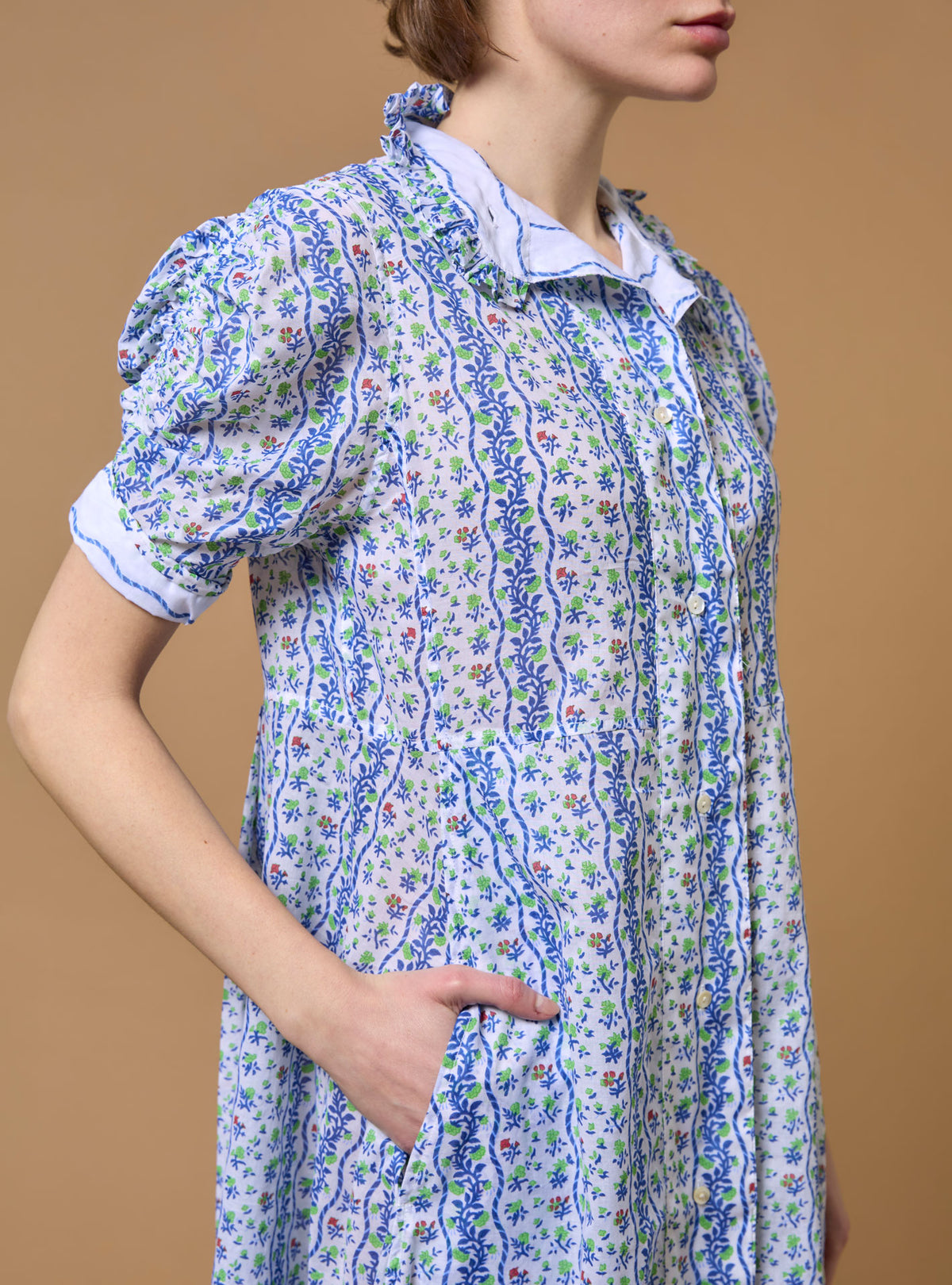 Detail top of Venetia Liselund Print Green/Cobalt Dress by Thierry Colson