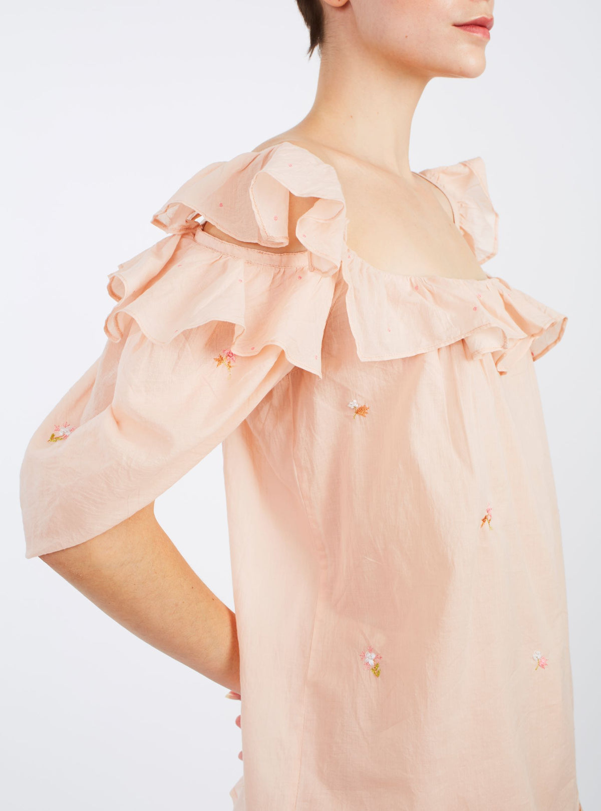 Side view of Venus Boudoir Carmelite Pink Blouse by Thierry Colson