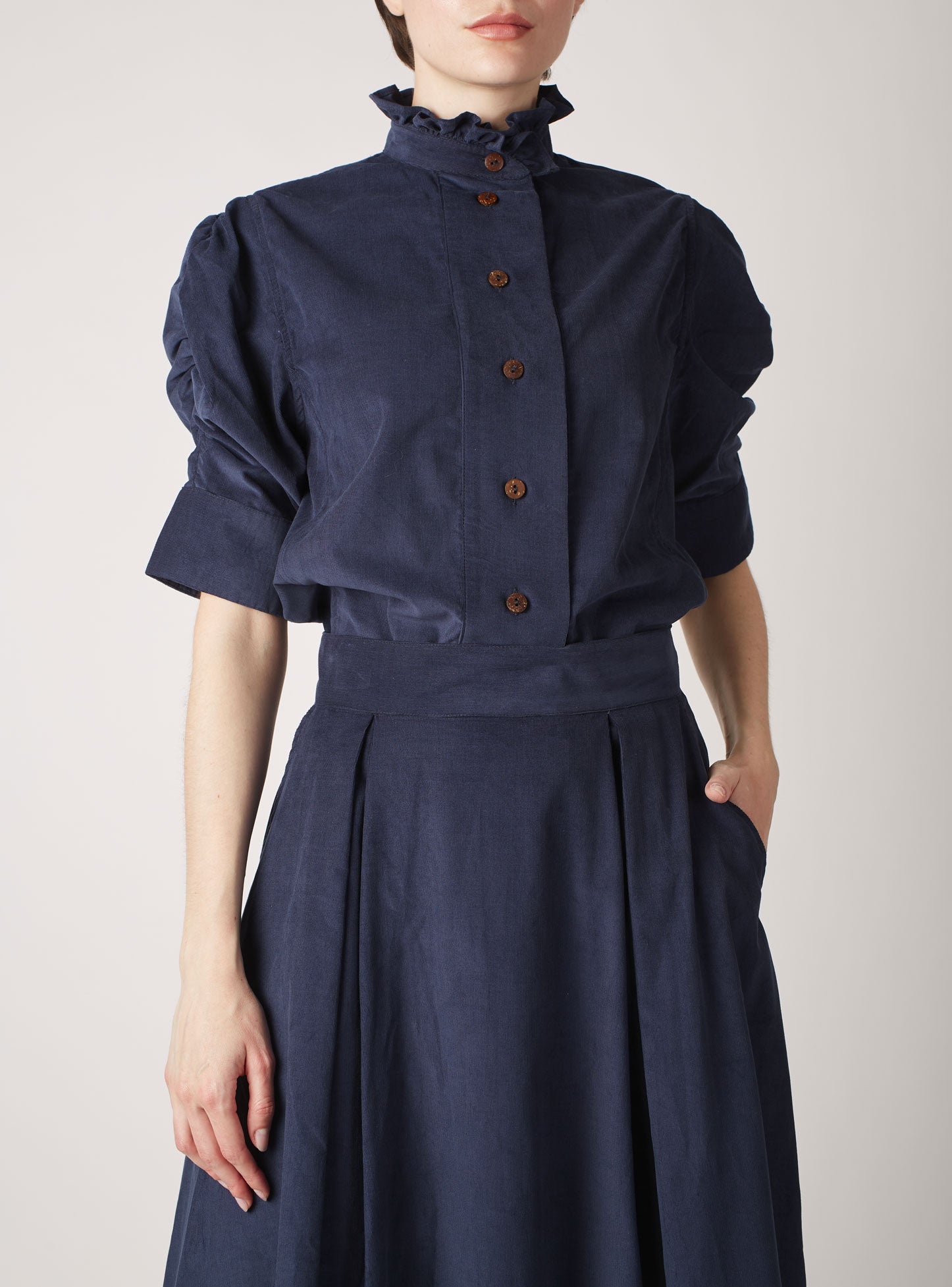 Front view of Vita Prussian Blue Corduroy Shirt  with Wynona Skirt by Thierry Colson