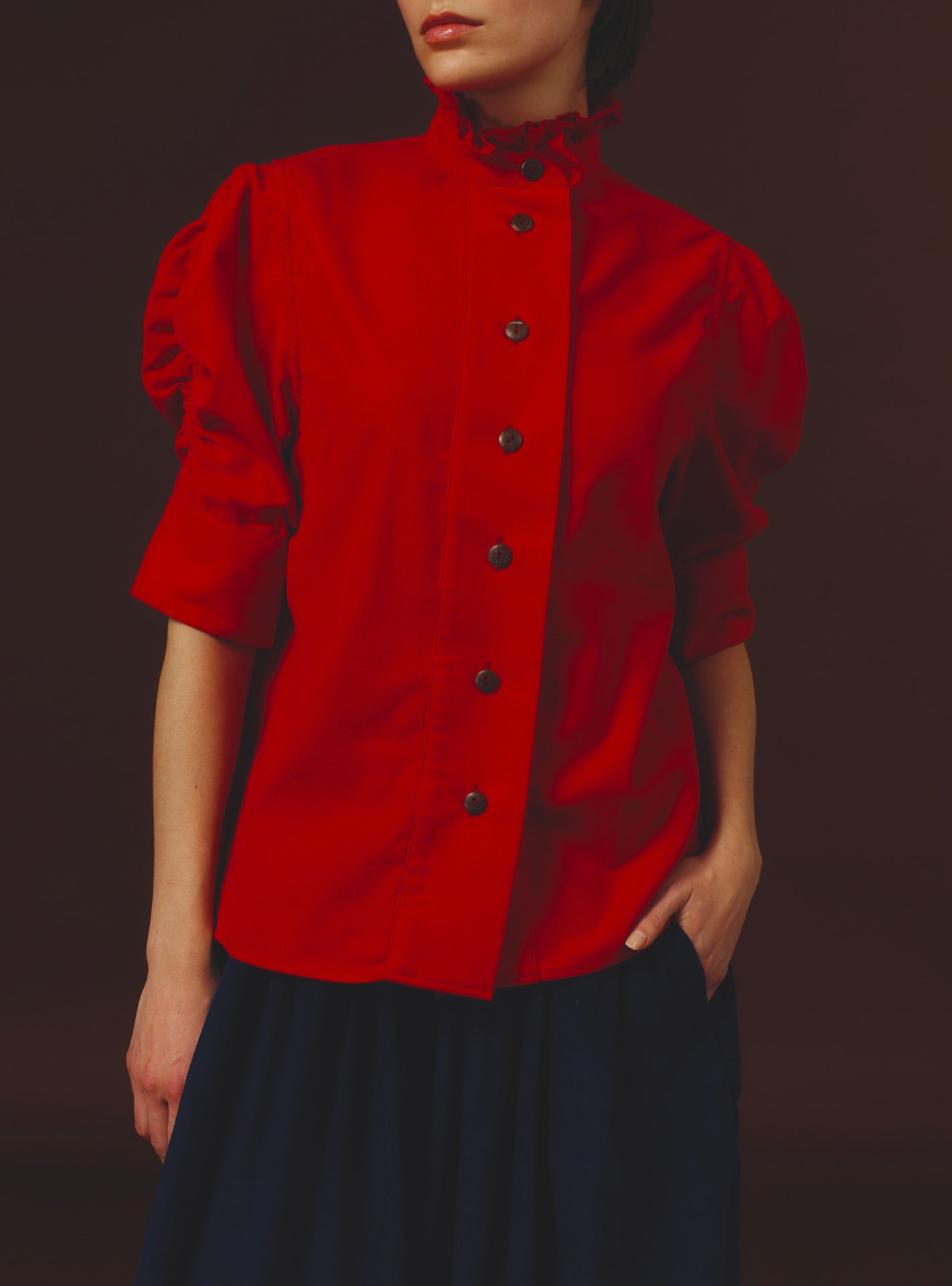 Front View of Vita Red Vermillion Corduroy Shirt by Thierry Colson