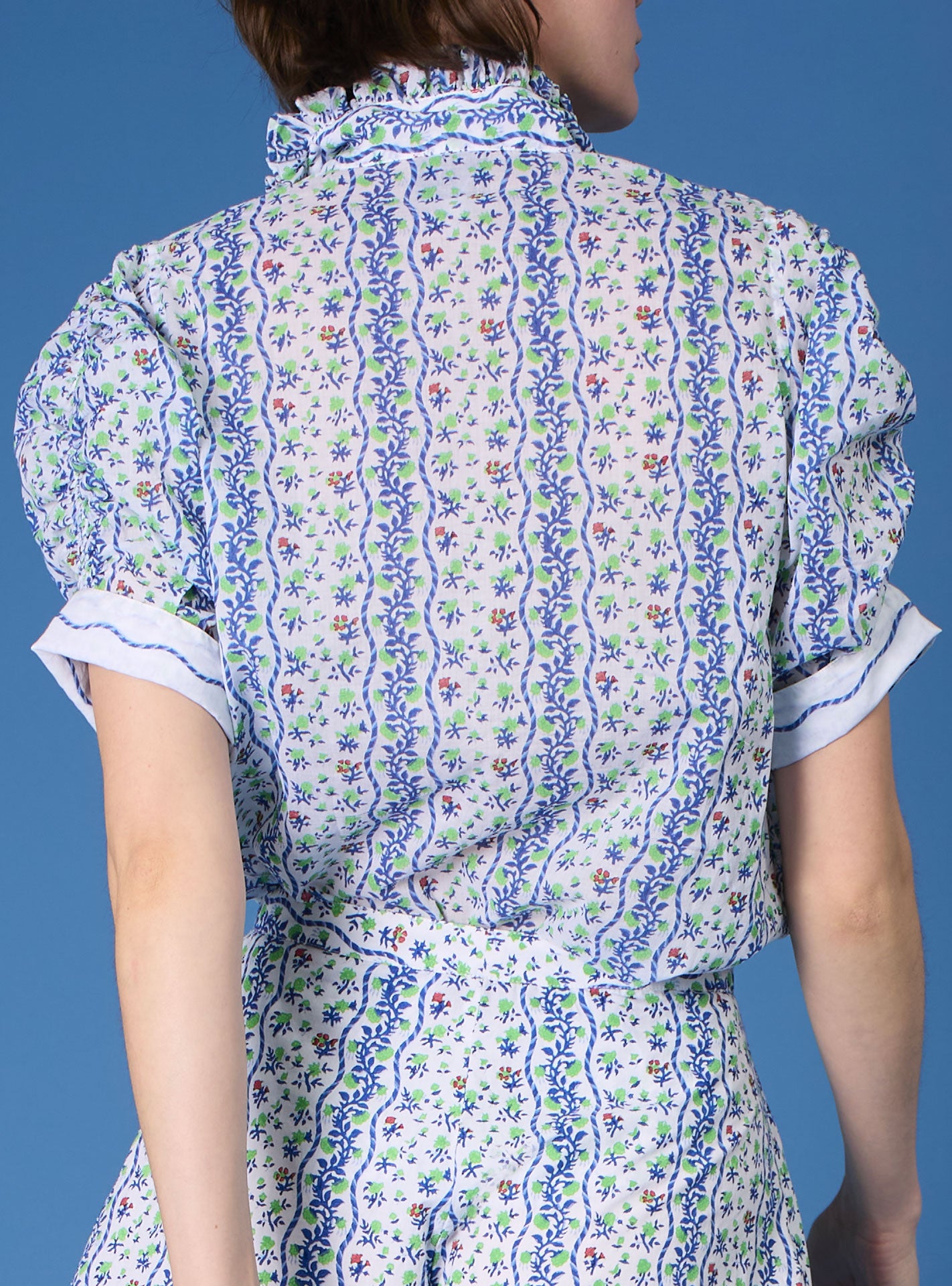 Back view of Vita  Liselund Print Green / Cobalt Blouse by Thierry Colson