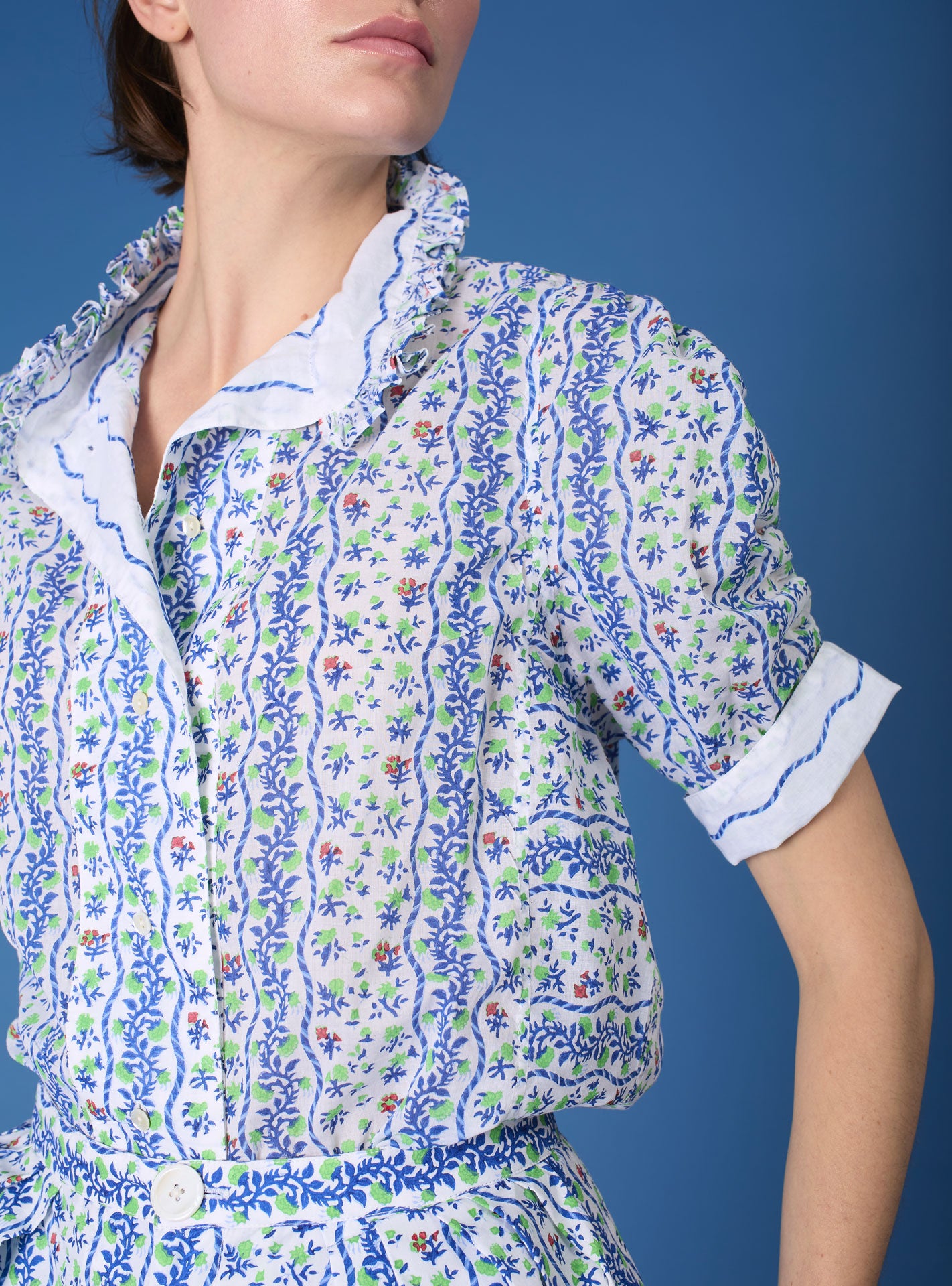 Detail view of Vita  Liselund Print Green / Cobalt Blouse by Thierry Colson