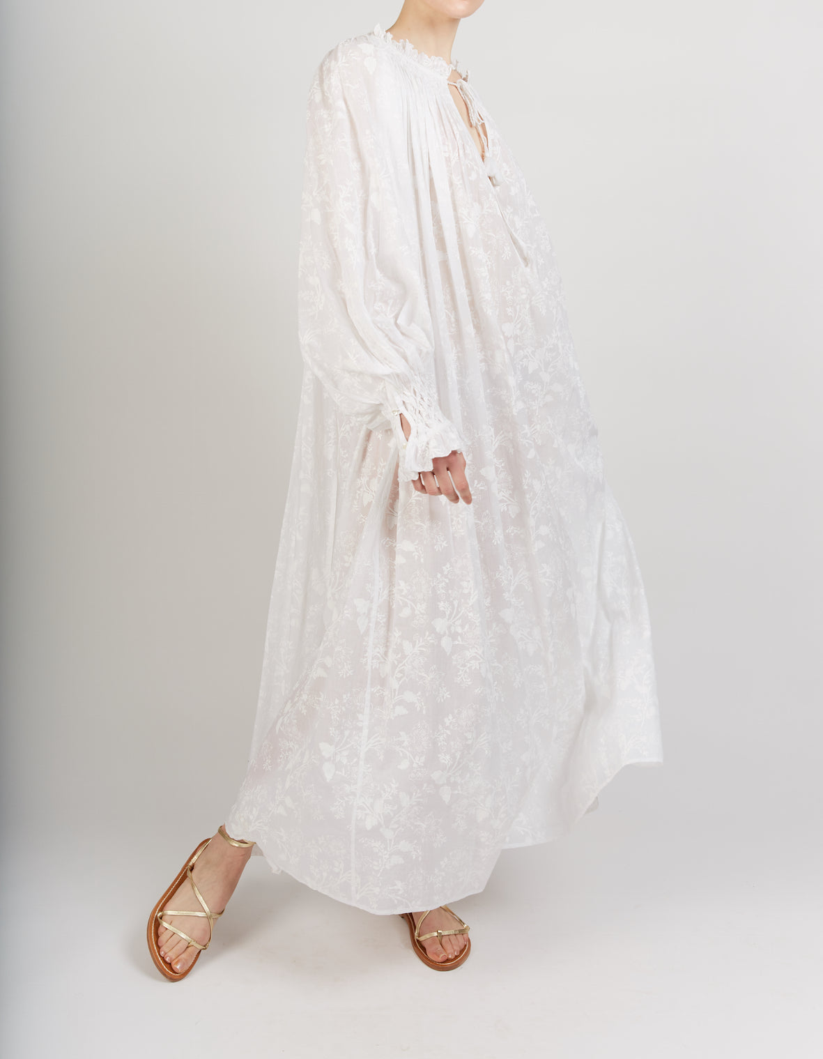 Side view of Vladia Chintz White long Dress by Thierry Colson