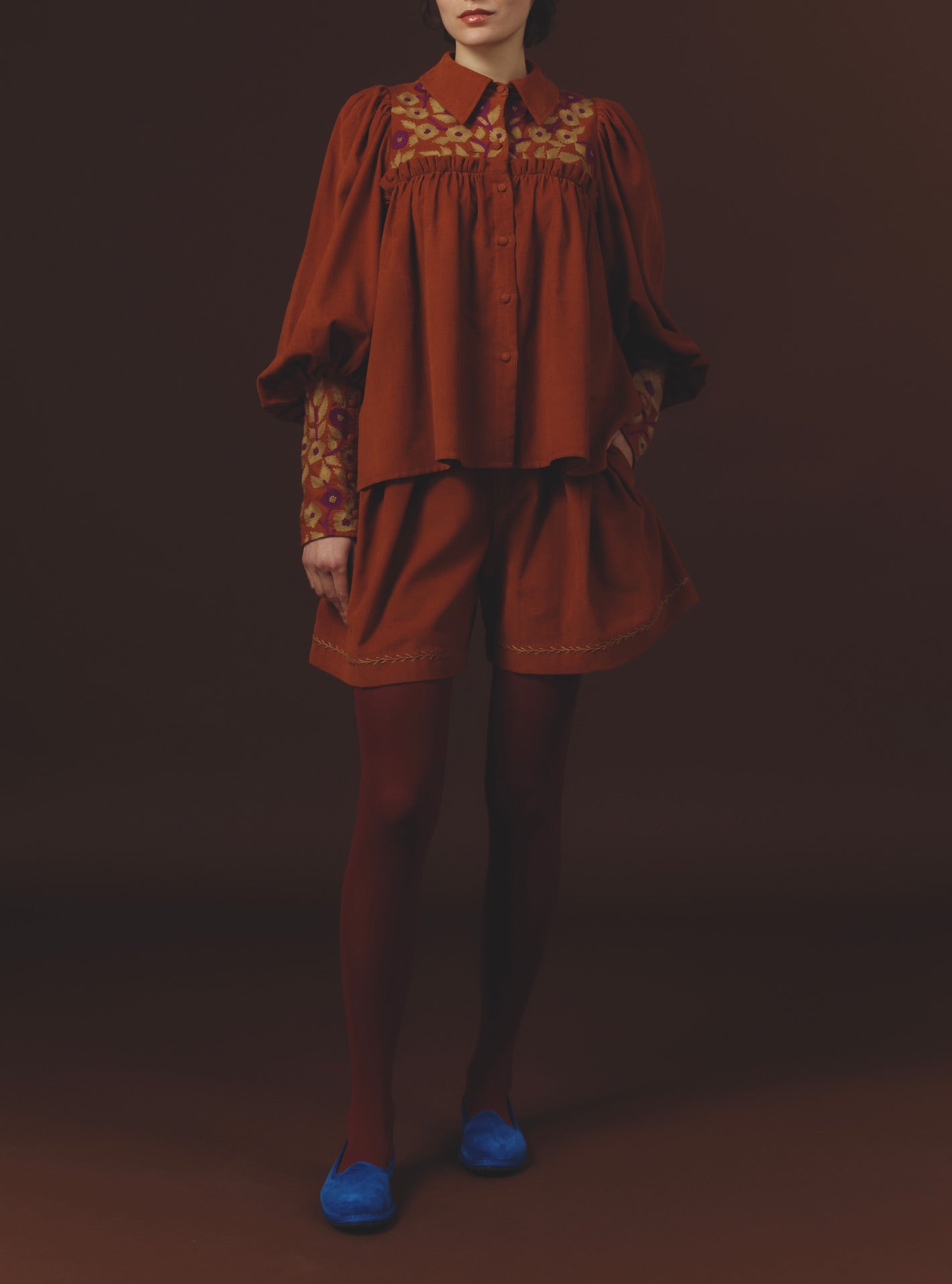 Large view of Wallis Burnt Orange Blouse with Kenya shorts - Embroidered Corduroy by Thierry Colson