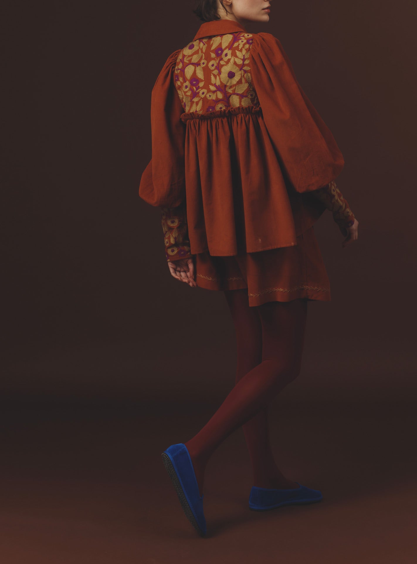 Back view of Wallis Burnt Orange Blouse - Embroidered Corduroy by Thierry Colson