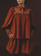 Front view of Wallis Burnt Orange Blouse - Embroidered Corduroy by Thierry Colson