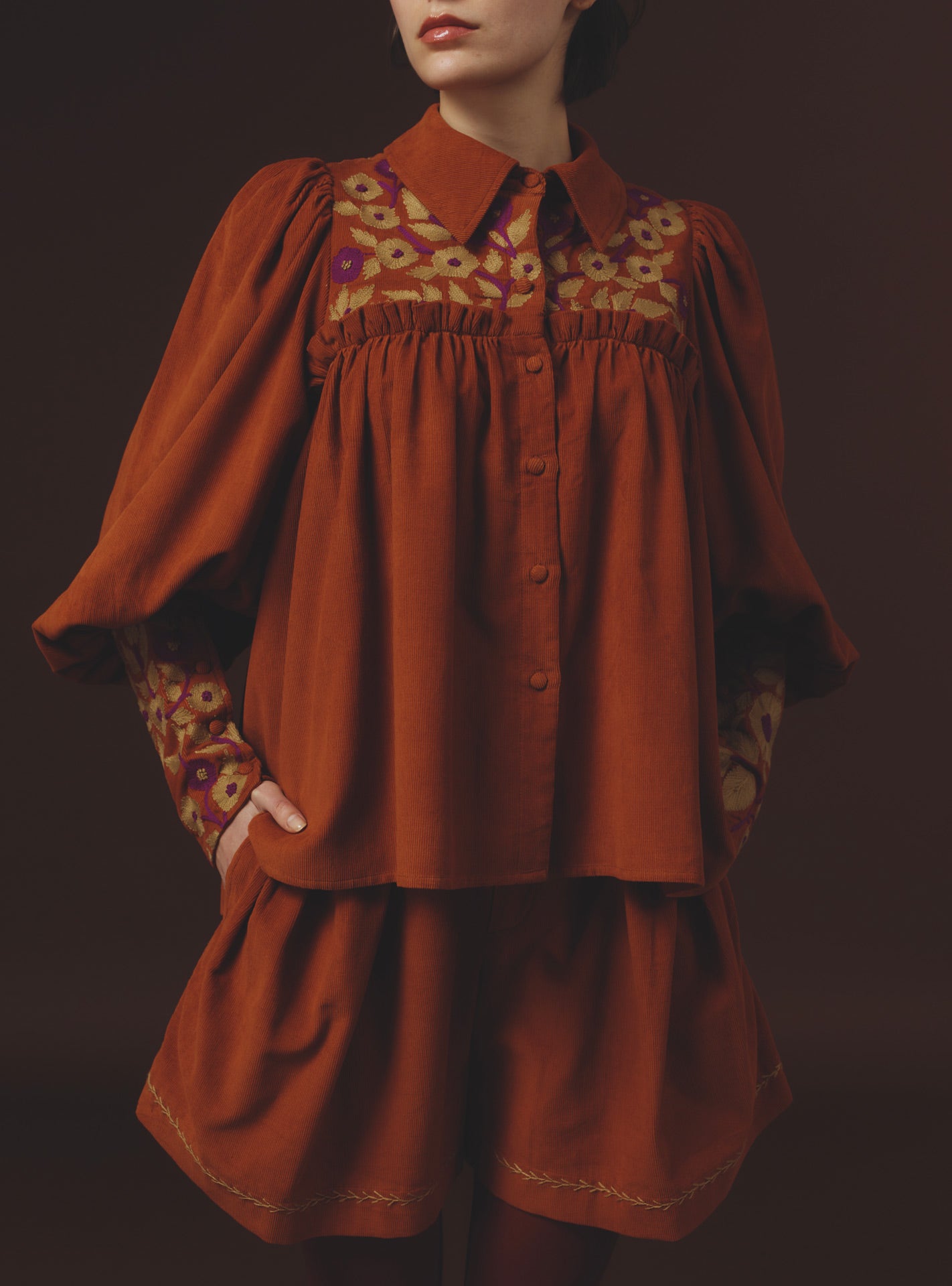 Front view of Wallis Burnt Orange Blouse - Embroidered Corduroy by Thierry Colson