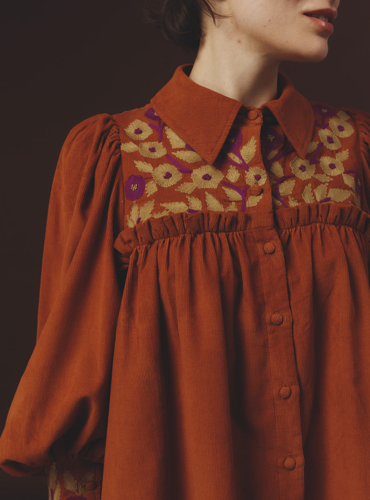 Detail of Wallis Burnt Orange Blouse - Embroidered Corduroy by Thierry Colson