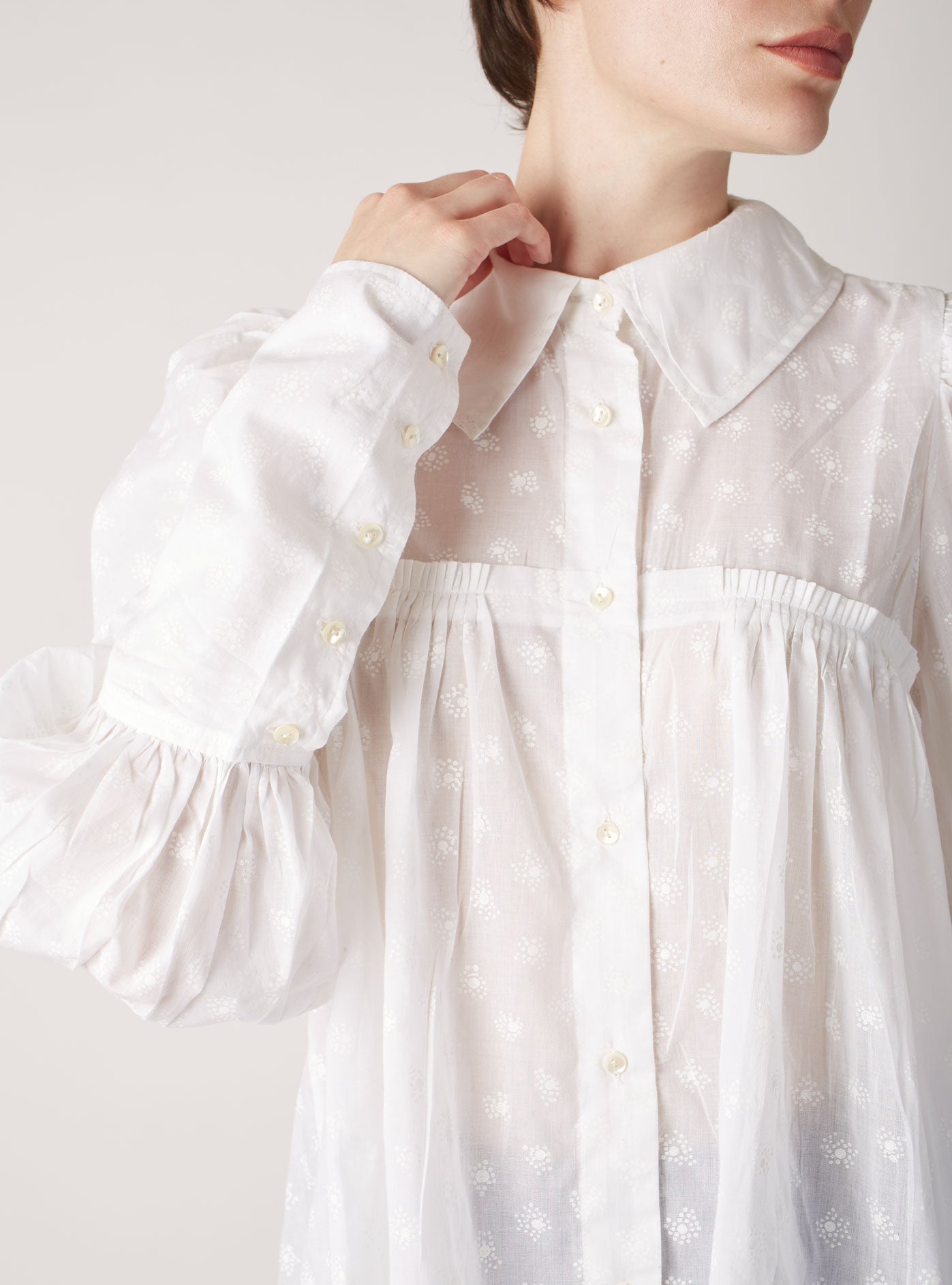 Detail of the sleeve - Wallis Victorian Dots Print White on White Blouse by Thierry Colson