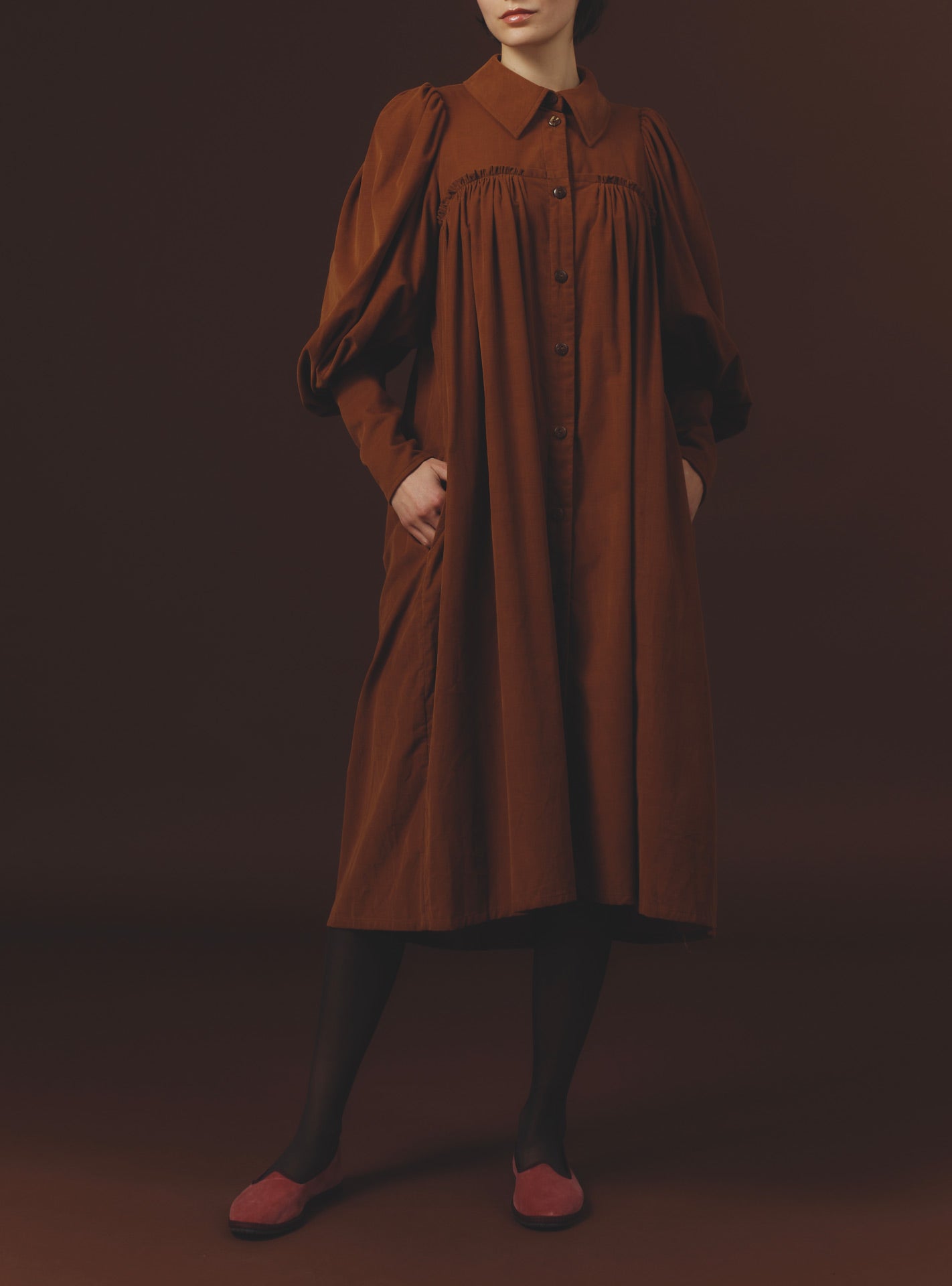 Front view of Wendy Squirrel Brown Dress - Plain Corduroy by Thierry Colson