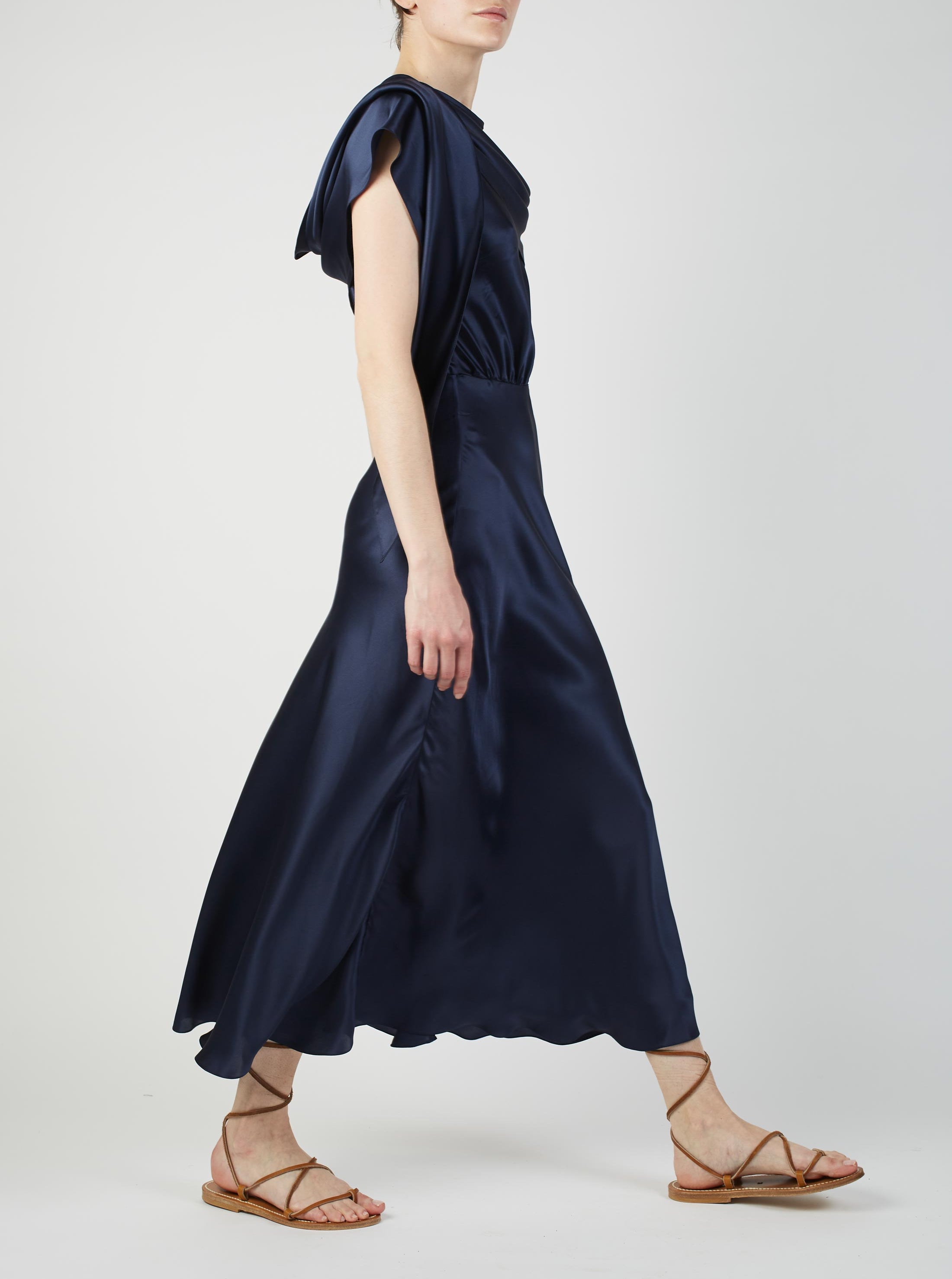 Side view of Whitney Night Blue Silk dress by Thierry Colson 