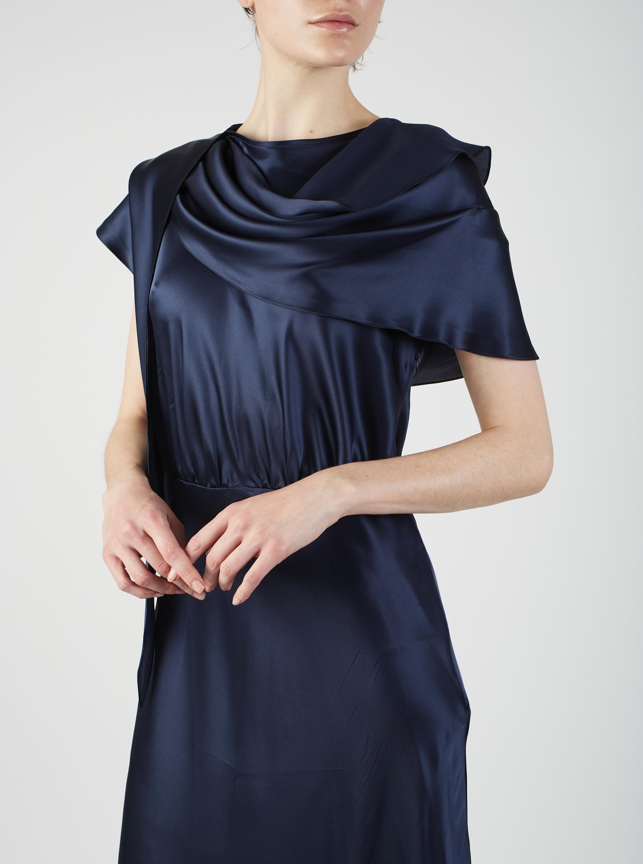 Close up view of Whitney Night Blue Silk dress by Thierry Colson 