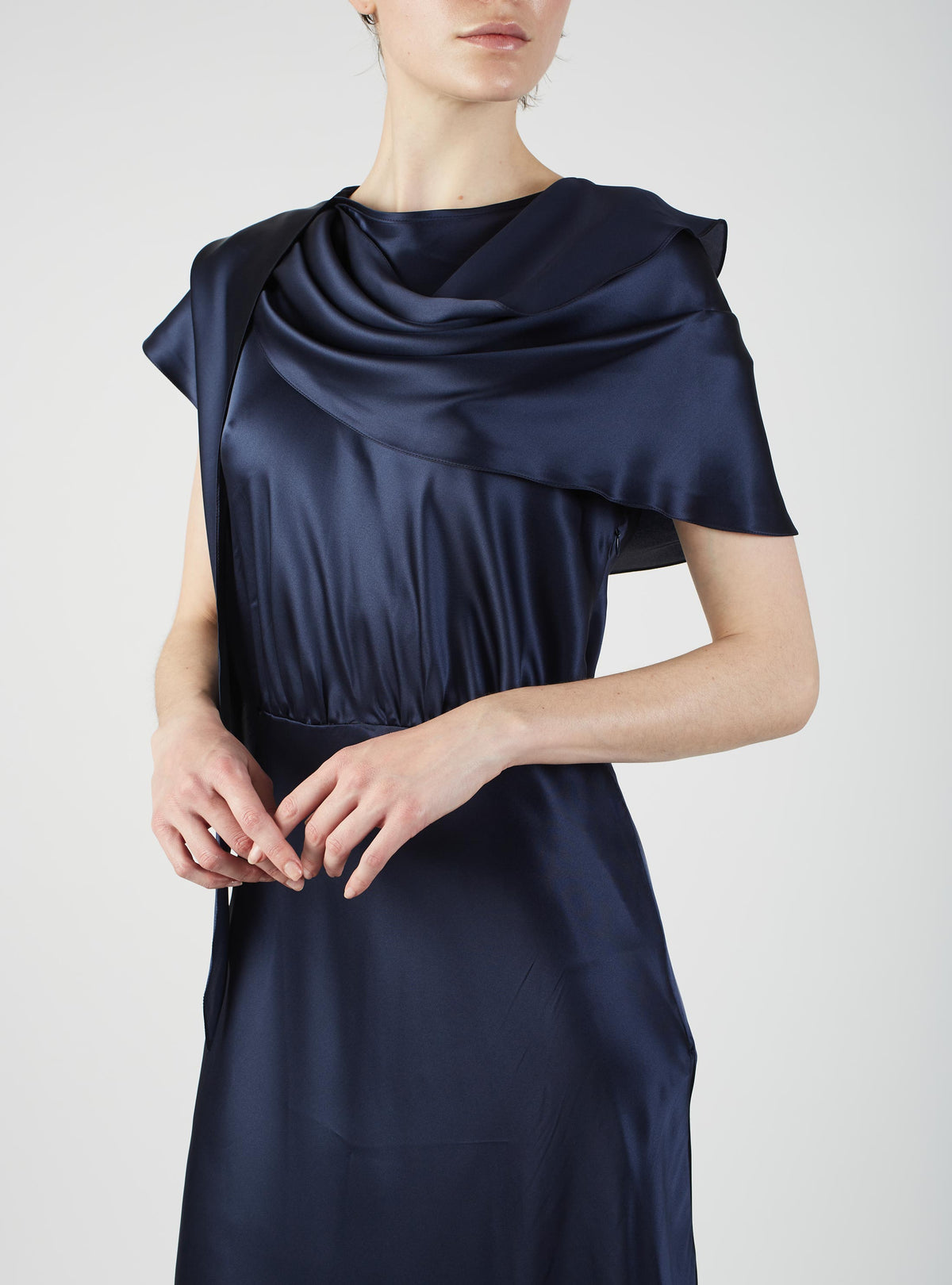 Close up view of Whitney Night Blue Silk dress by Thierry Colson