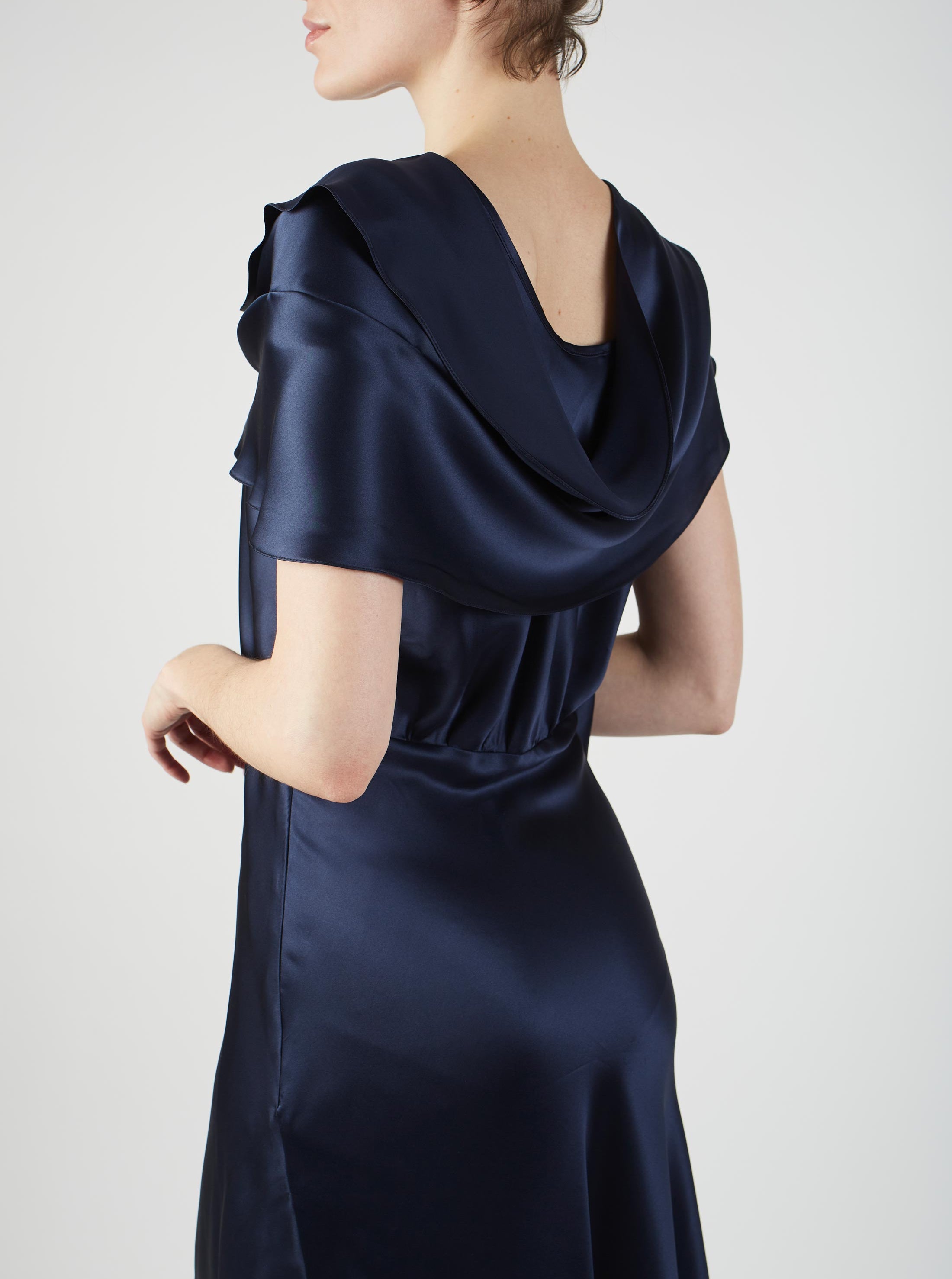 Detail back view of Whitney Night Blue Silk dress by Thierry Colson 
