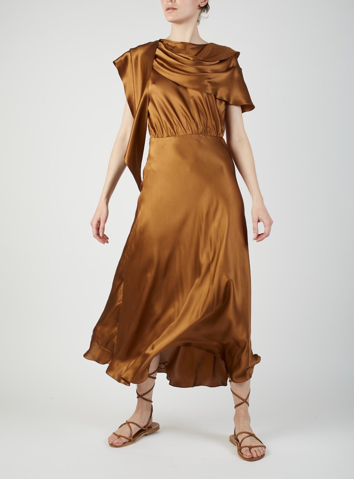 Front view of Whitney Copper silk Dress by Thierry Colson