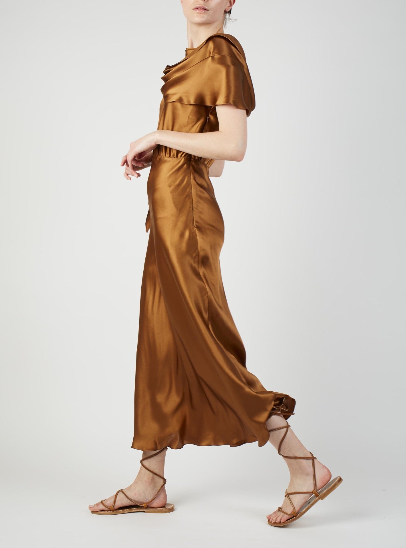 Side view of Whitney Copper silk Dress by Thierry Colson