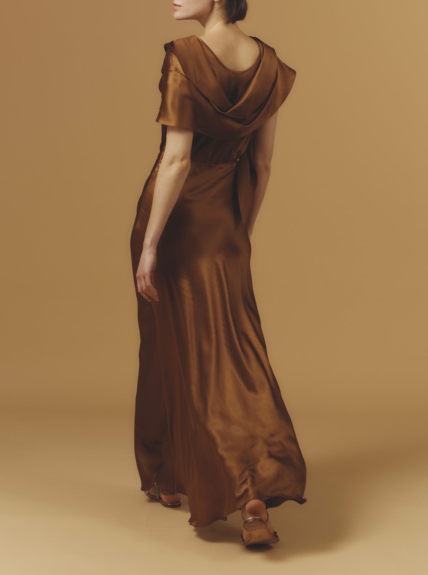 Back view of Whitney Copper Silk Dress long by Thierry Colson 