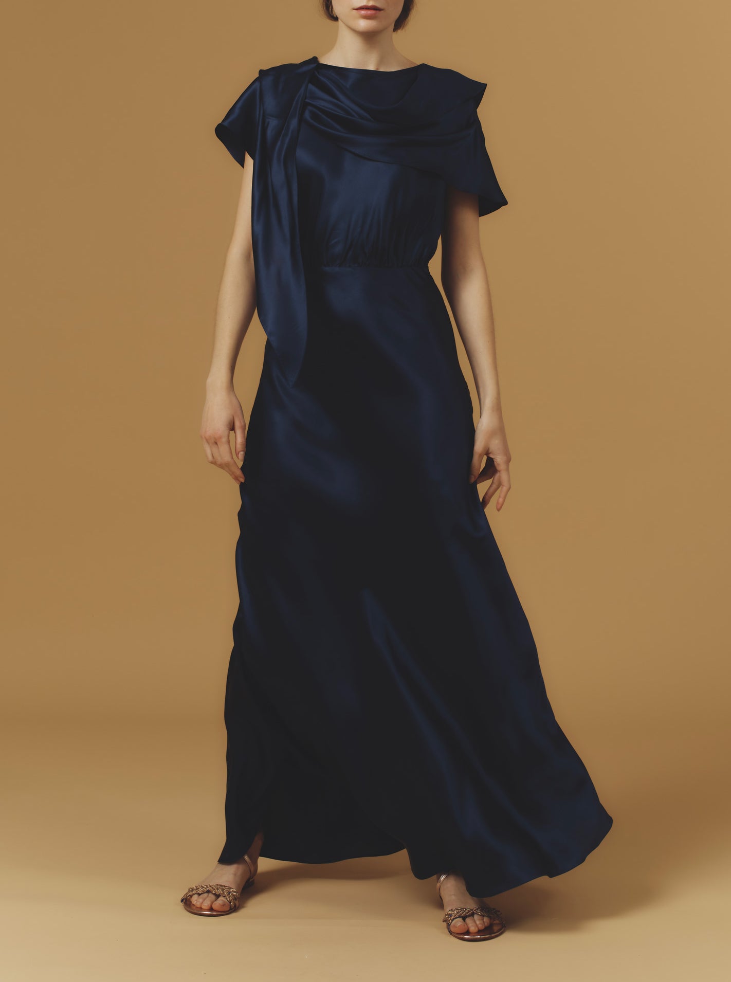 Front view of Whitney Night Blue Silk Dress long by Thierry Colson