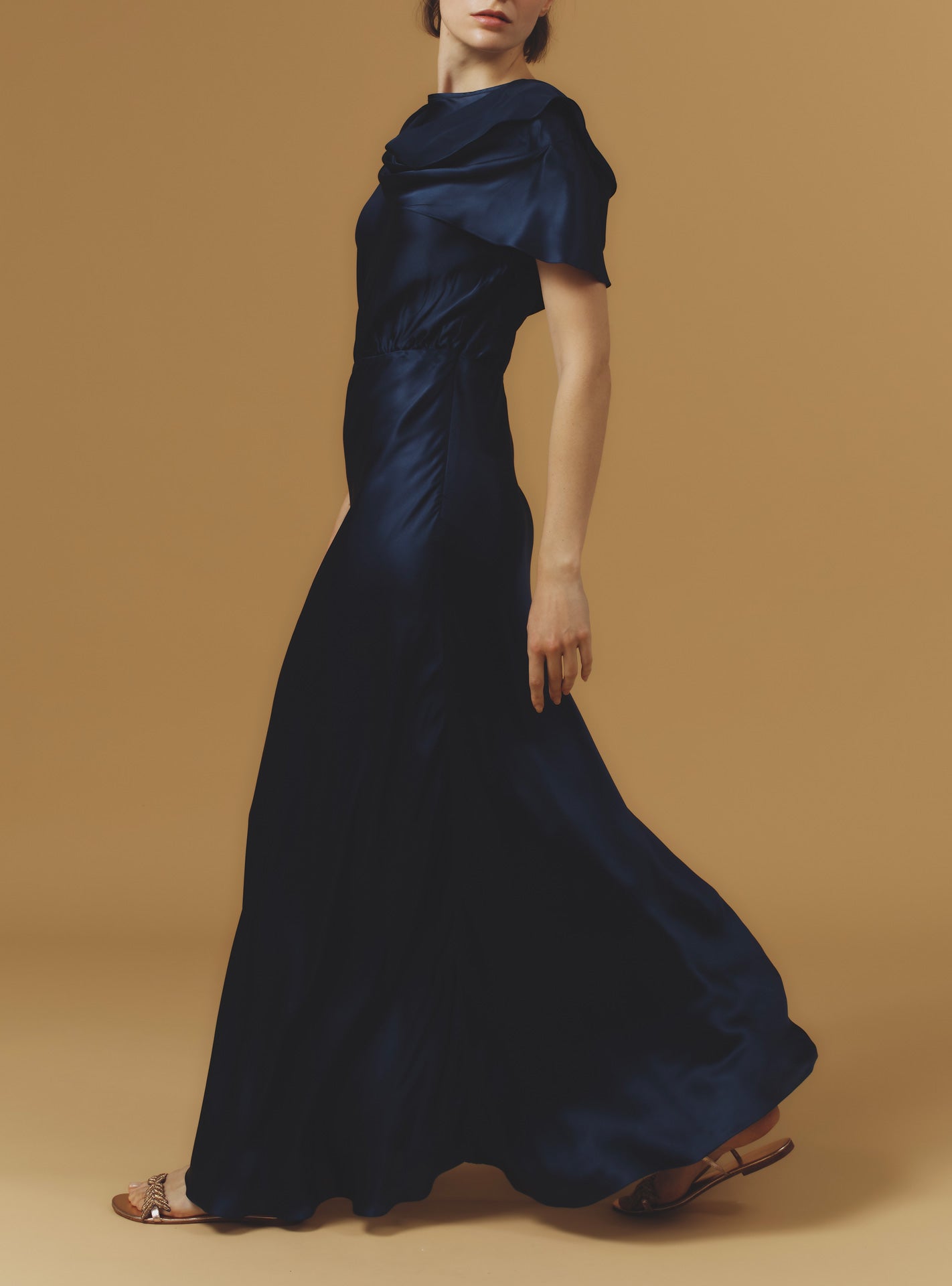 Side view of Whitney Night Blue Silk Dress long by Thierry Colson