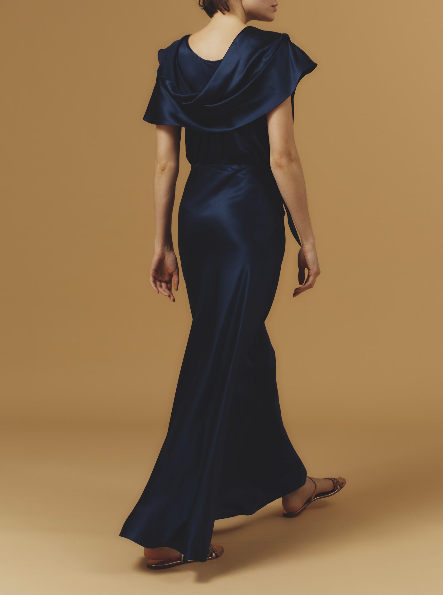 Back view of Whitney Night Blue Silk Dress long by Thierry Colson