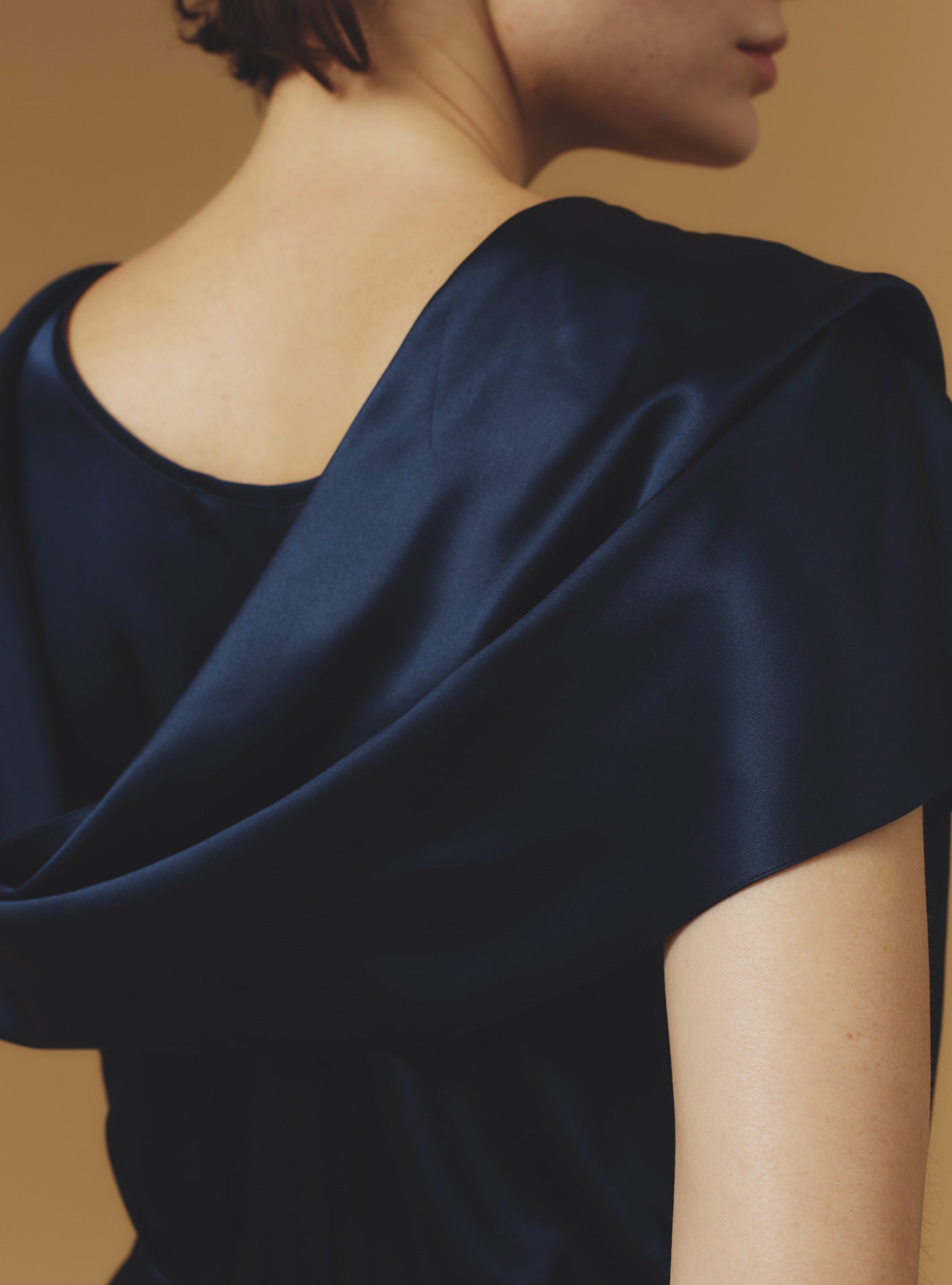 Close up of Whitney Night Blue Silk Dress long by Thierry Colson